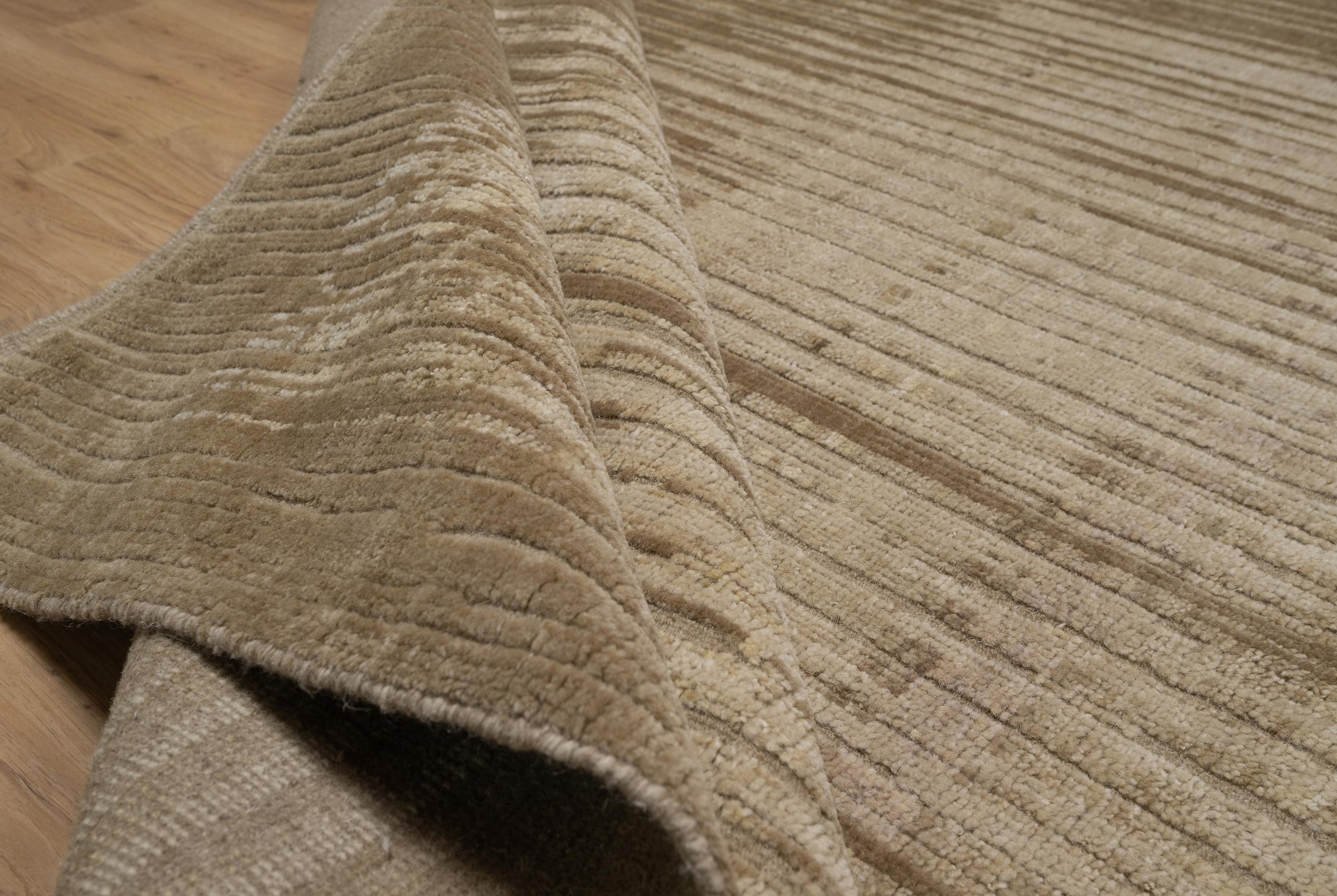 Still Water Beacon Wheat Wool Rug, Hand-Knotted Striated Sheen, Warm Gold Camel Area Rug 8x10 | Custom Size
