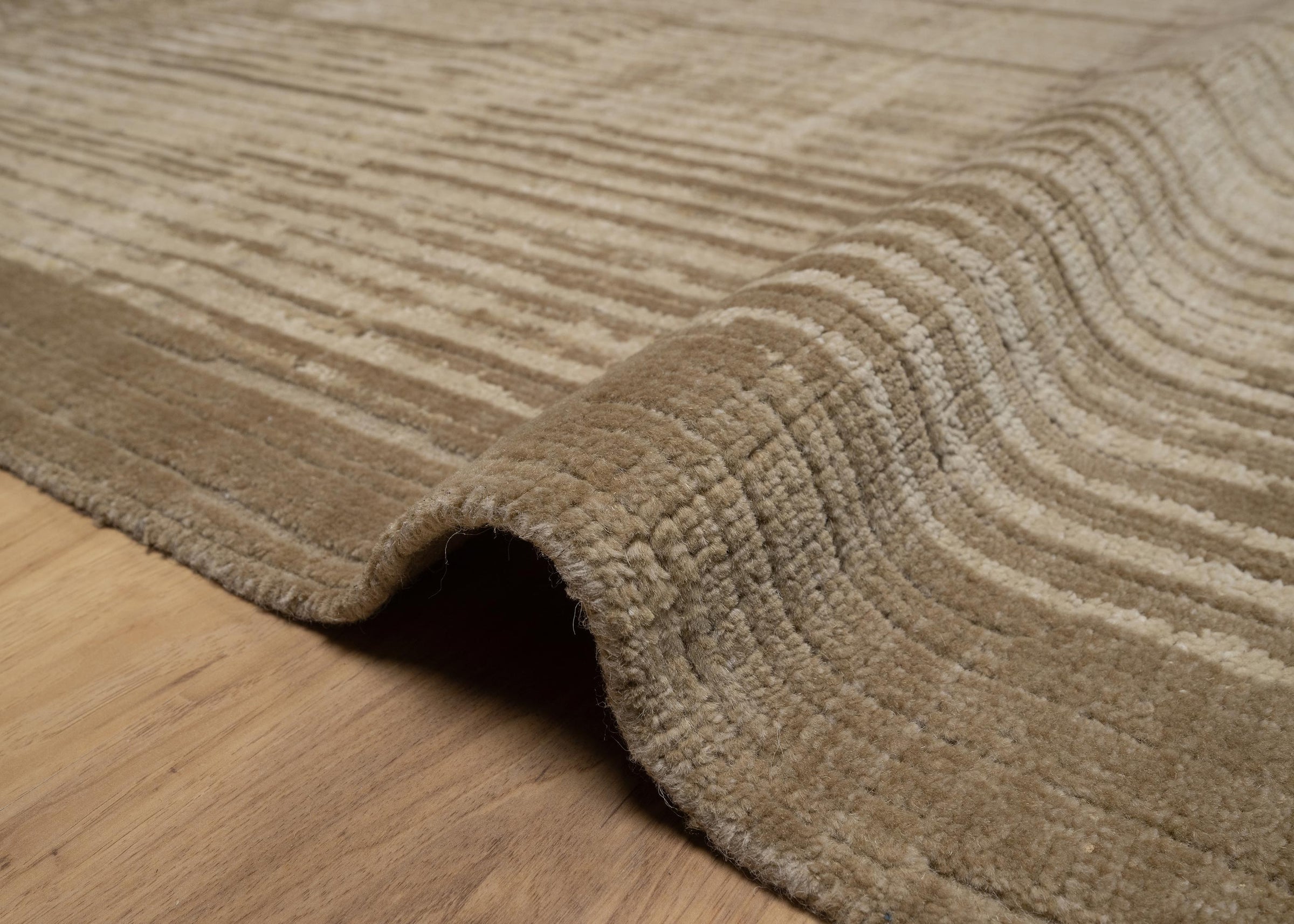Still Water Beacon Wheat Wool Rug, Hand-Knotted Striated Sheen, Warm Gold Camel Area Rug 8x10 | Custom Size