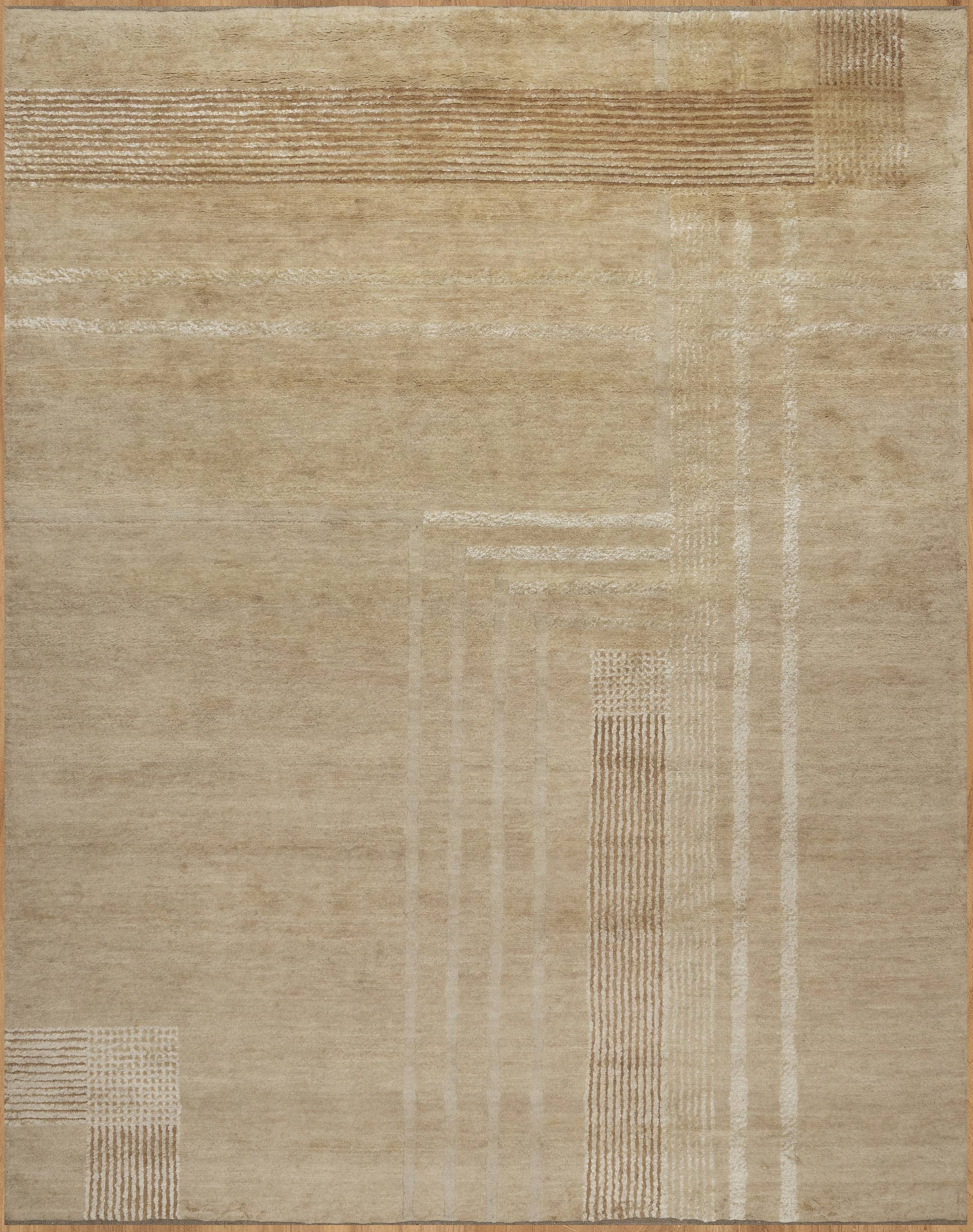 Open Field Cornice Wheat Wool Rug, Hand-Knotted Deco Motif, Warm Ivory Minimalist Area Rug 8x10 | Custom Size
