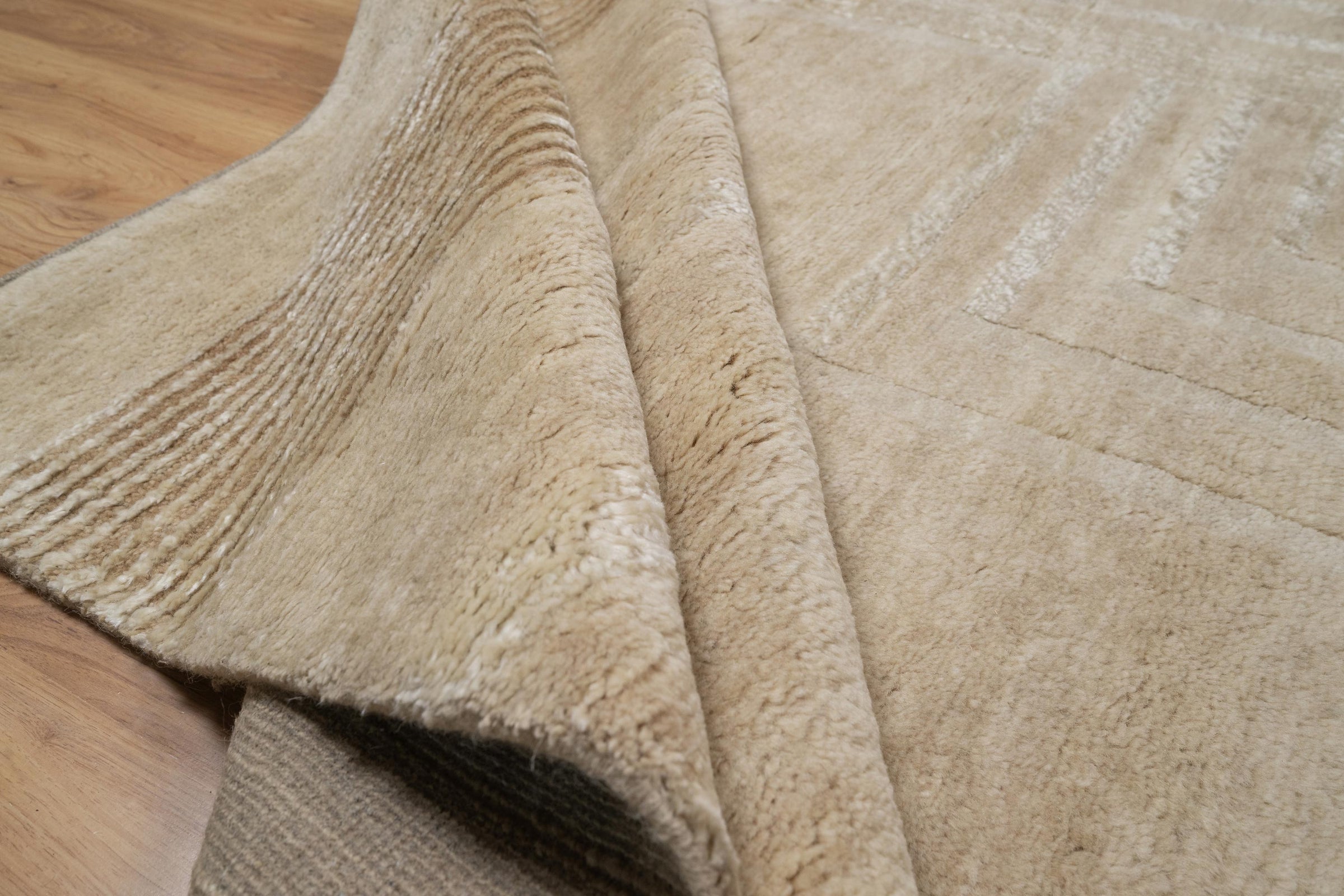 Open Field Cornice Wheat Wool Rug, Hand-Knotted Deco Motif, Warm Ivory Minimalist Area Rug 8x10 | Custom Size