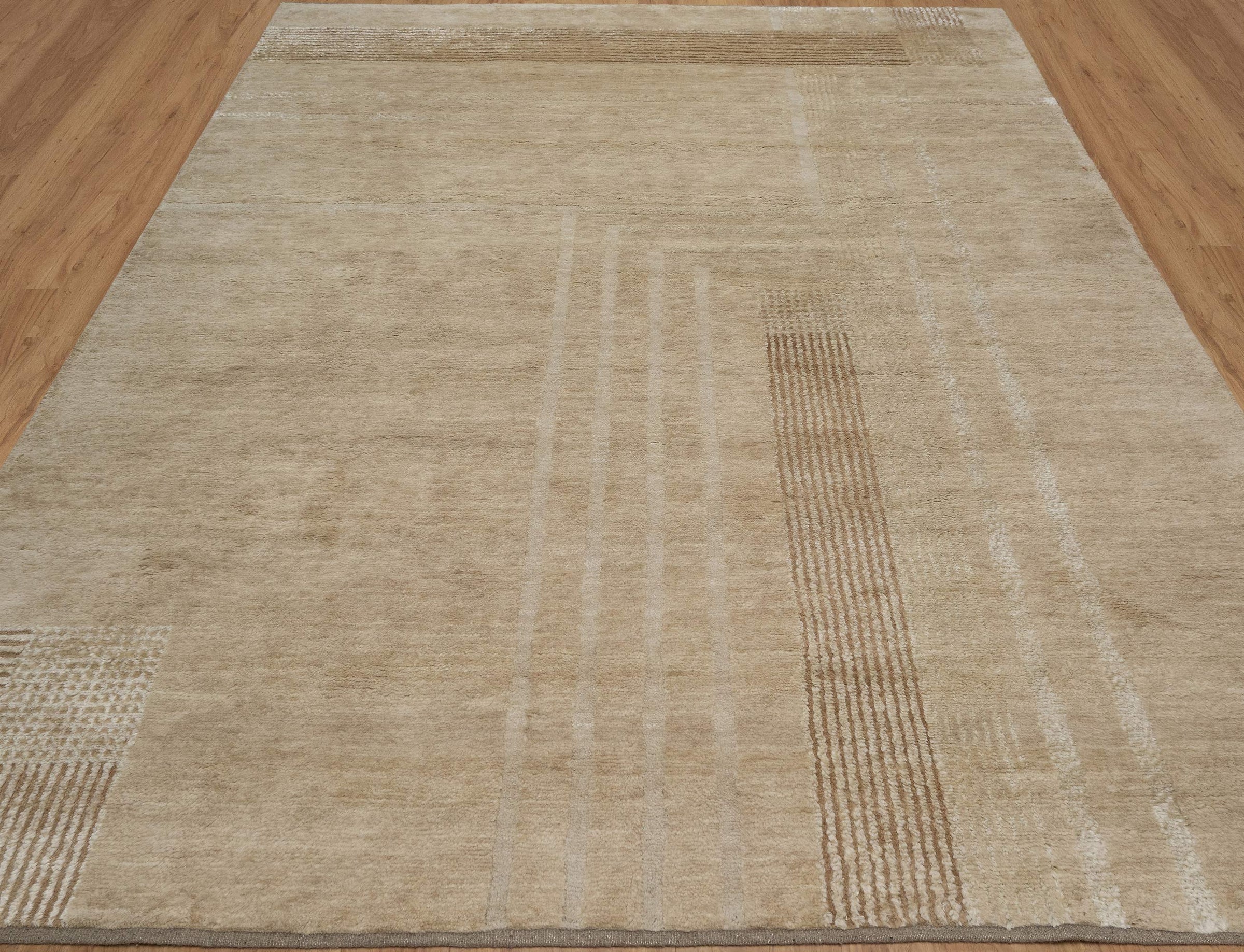 Open Field Cornice Wheat Wool Rug, Hand-Knotted Deco Motif, Warm Ivory Minimalist Area Rug 8x10 | Custom Size