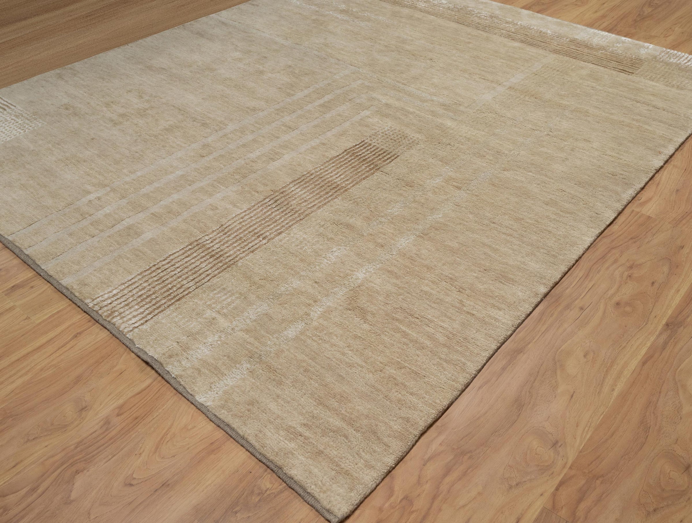 Open Field Cornice Wheat Wool Rug, Hand-Knotted Deco Motif, Warm Ivory Minimalist Area Rug 8x10 | Custom Size