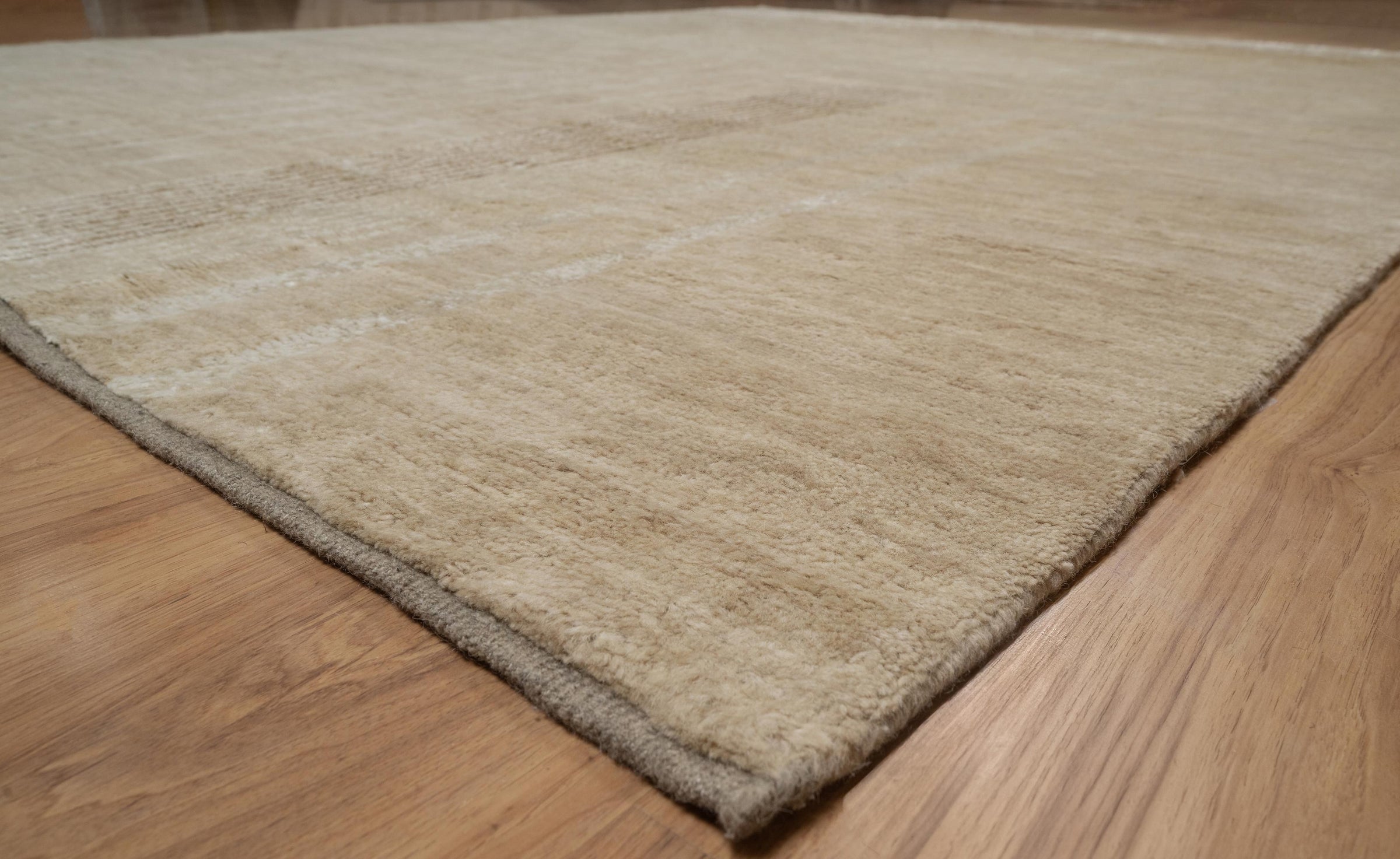 Open Field Cornice Wheat Wool Rug, Hand-Knotted Deco Motif, Warm Ivory Minimalist Area Rug 8x10 | Custom Size