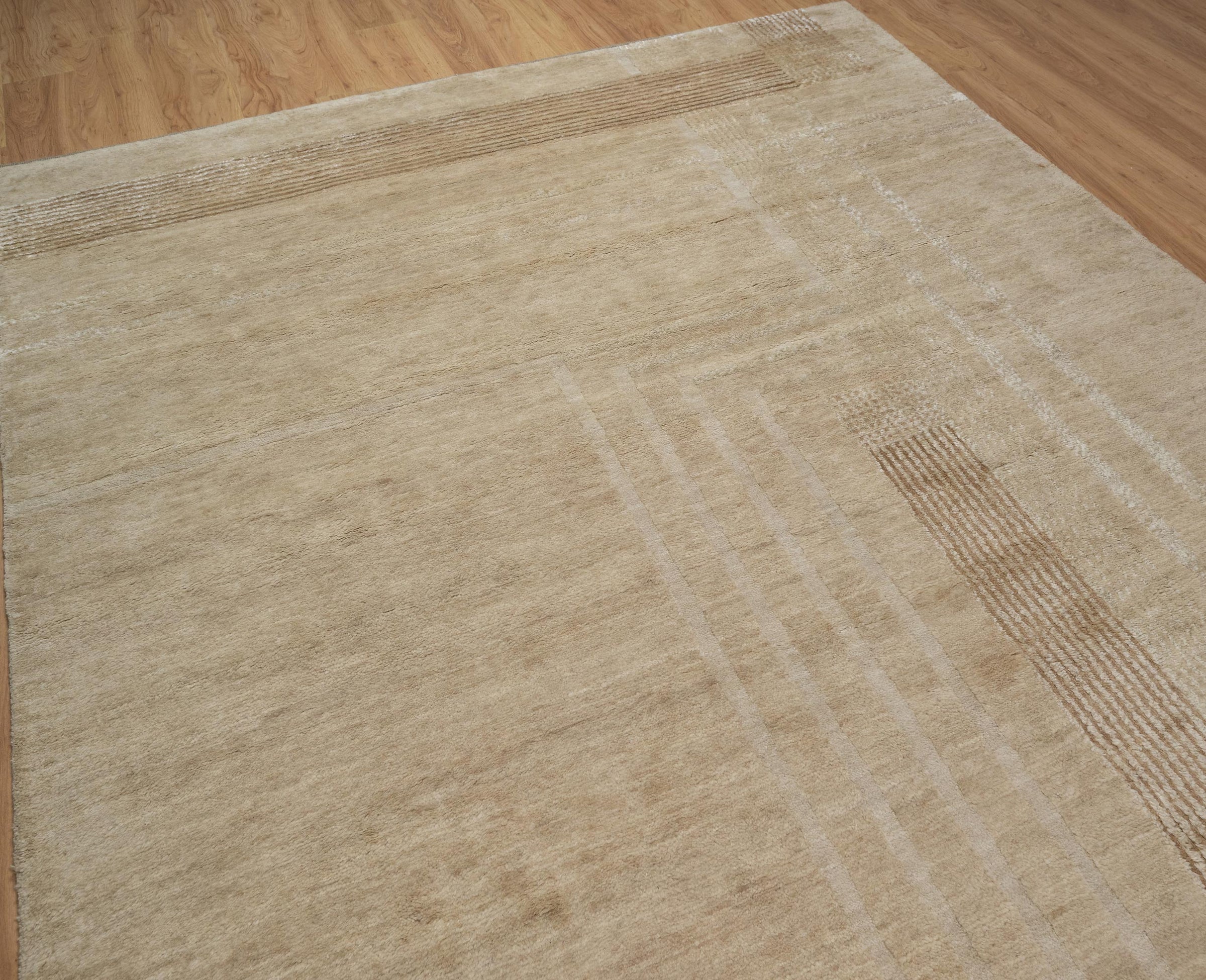 Open Field Cornice Wheat Wool Rug, Hand-Knotted Deco Motif, Warm Ivory Minimalist Area Rug 8x10 | Custom Size
