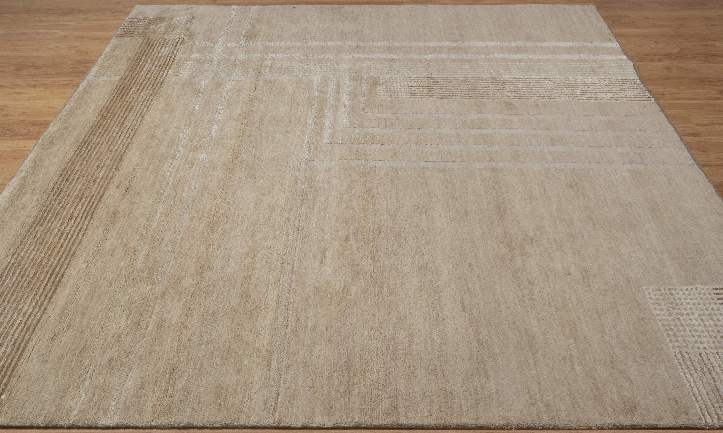 Open Field Cornice Wheat Wool Rug, Hand-Knotted Deco Motif, Warm Ivory Minimalist Area Rug 8x10 | Custom Size