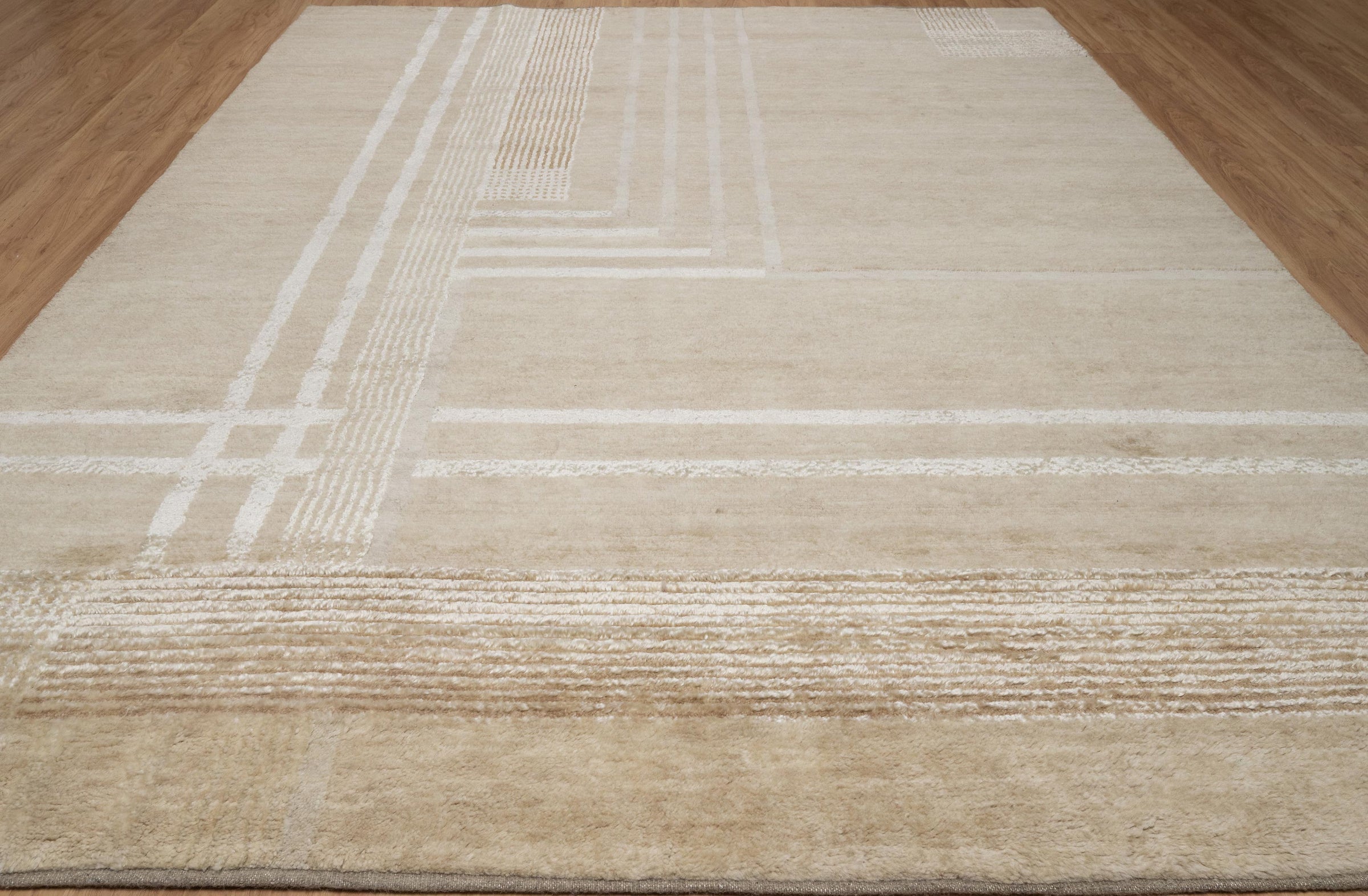 Open Field Cornice Wheat Wool Rug, Hand-Knotted Deco Motif, Warm Ivory Minimalist Area Rug 8x10 | Custom Size