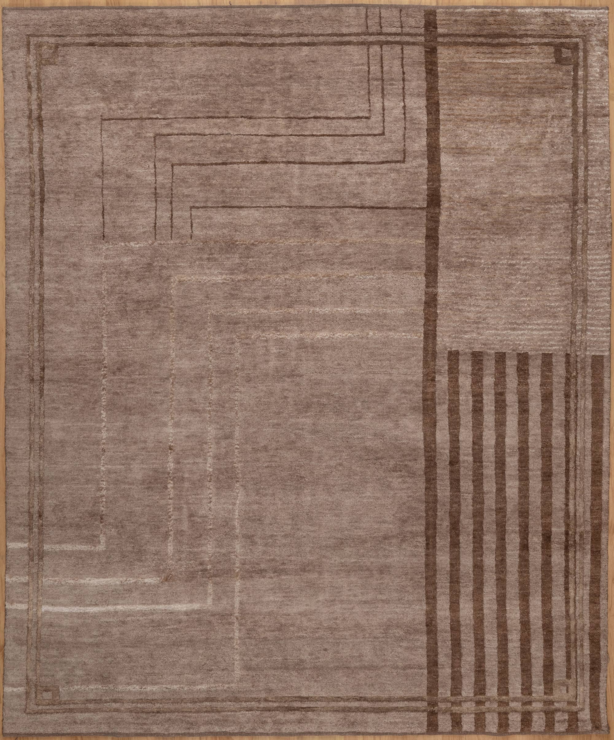 Open Field Frieze Taupe Wool Rug, Hand-Knotted Deco Lines, Mauve Greige Minimalist Area Rug 8x10 | Custom Size