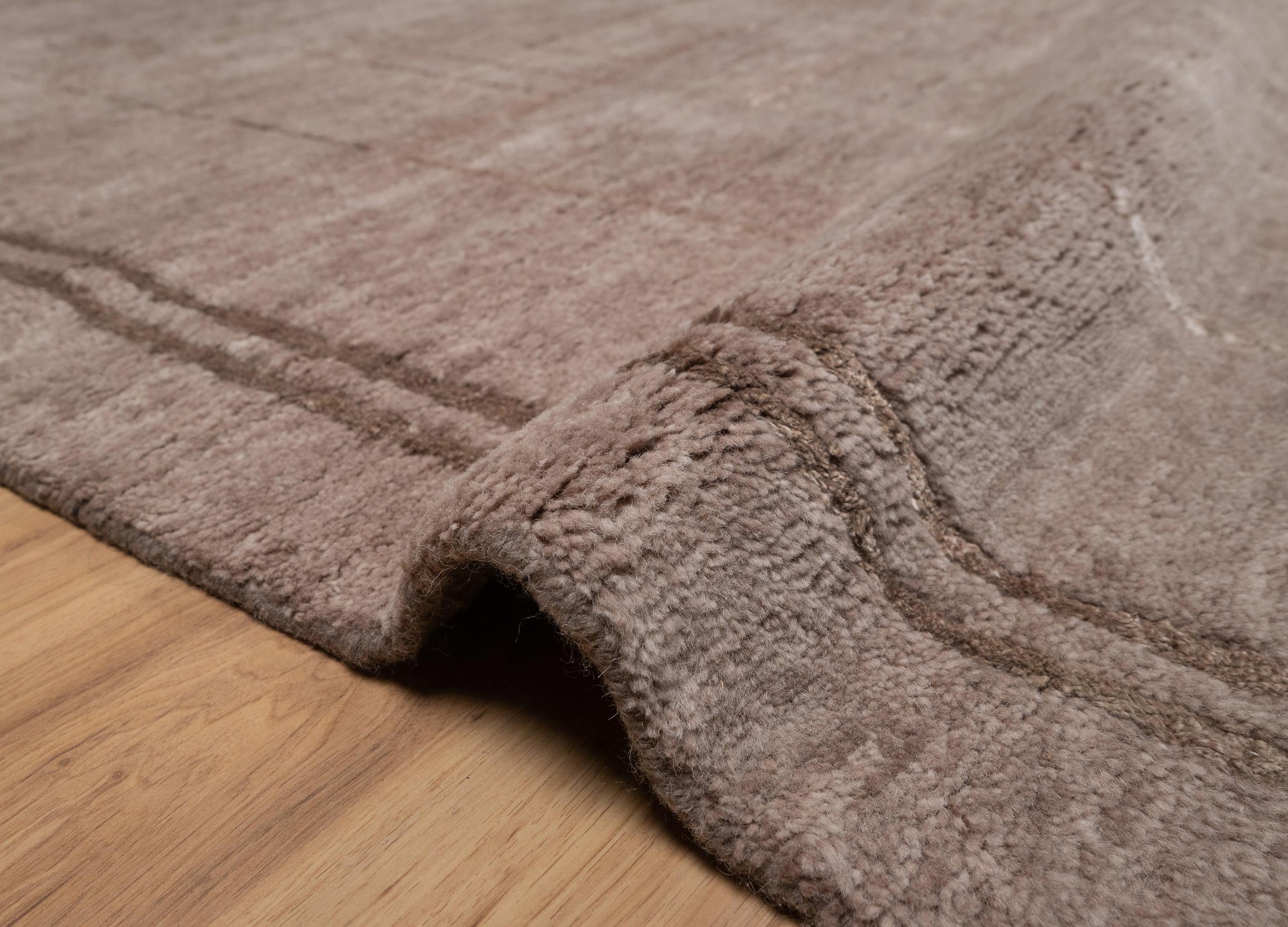 Open Field Frieze Taupe Wool Rug, Hand-Knotted Deco Lines, Mauve Greige Minimalist Area Rug 8x10 | Custom Size