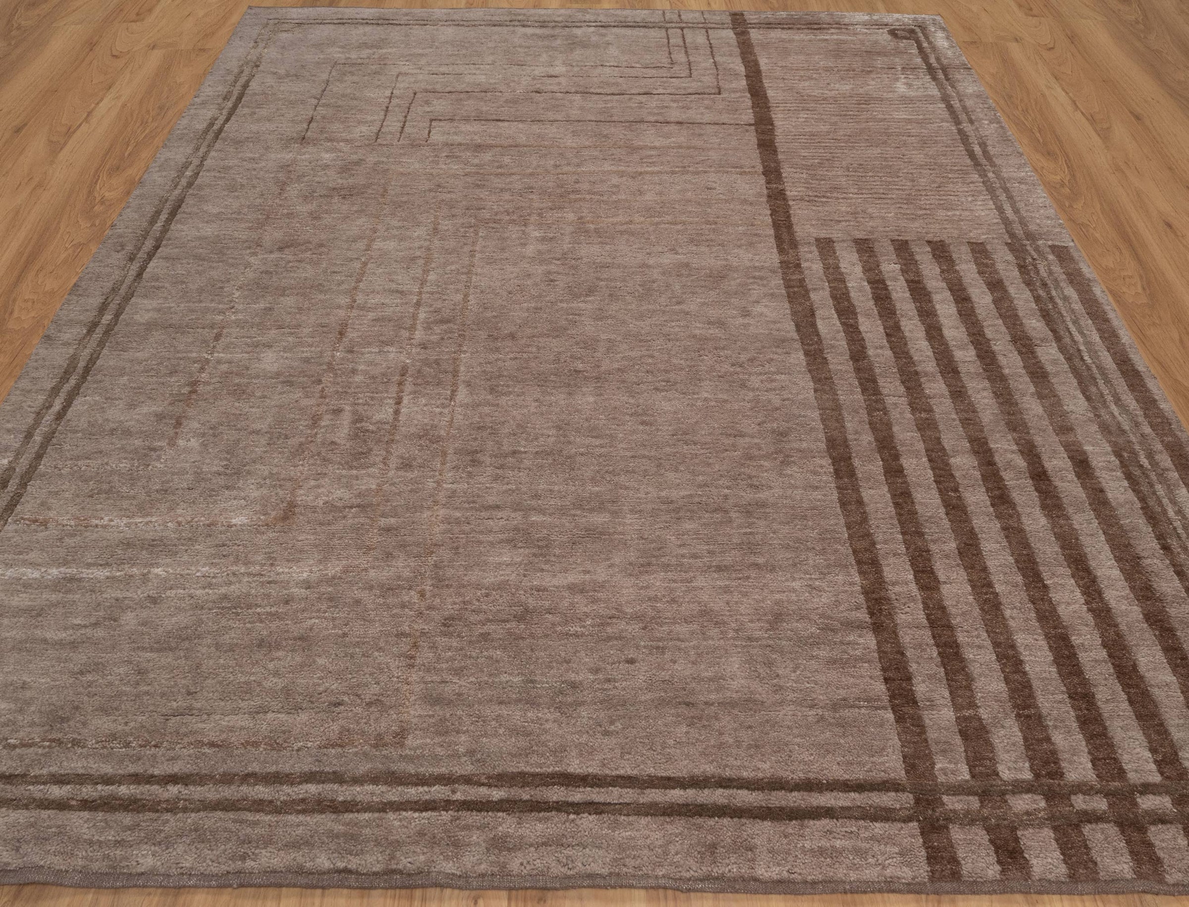 Open Field Frieze Taupe Wool Rug, Hand-Knotted Deco Lines, Mauve Greige Minimalist Area Rug 8x10 | Custom Size
