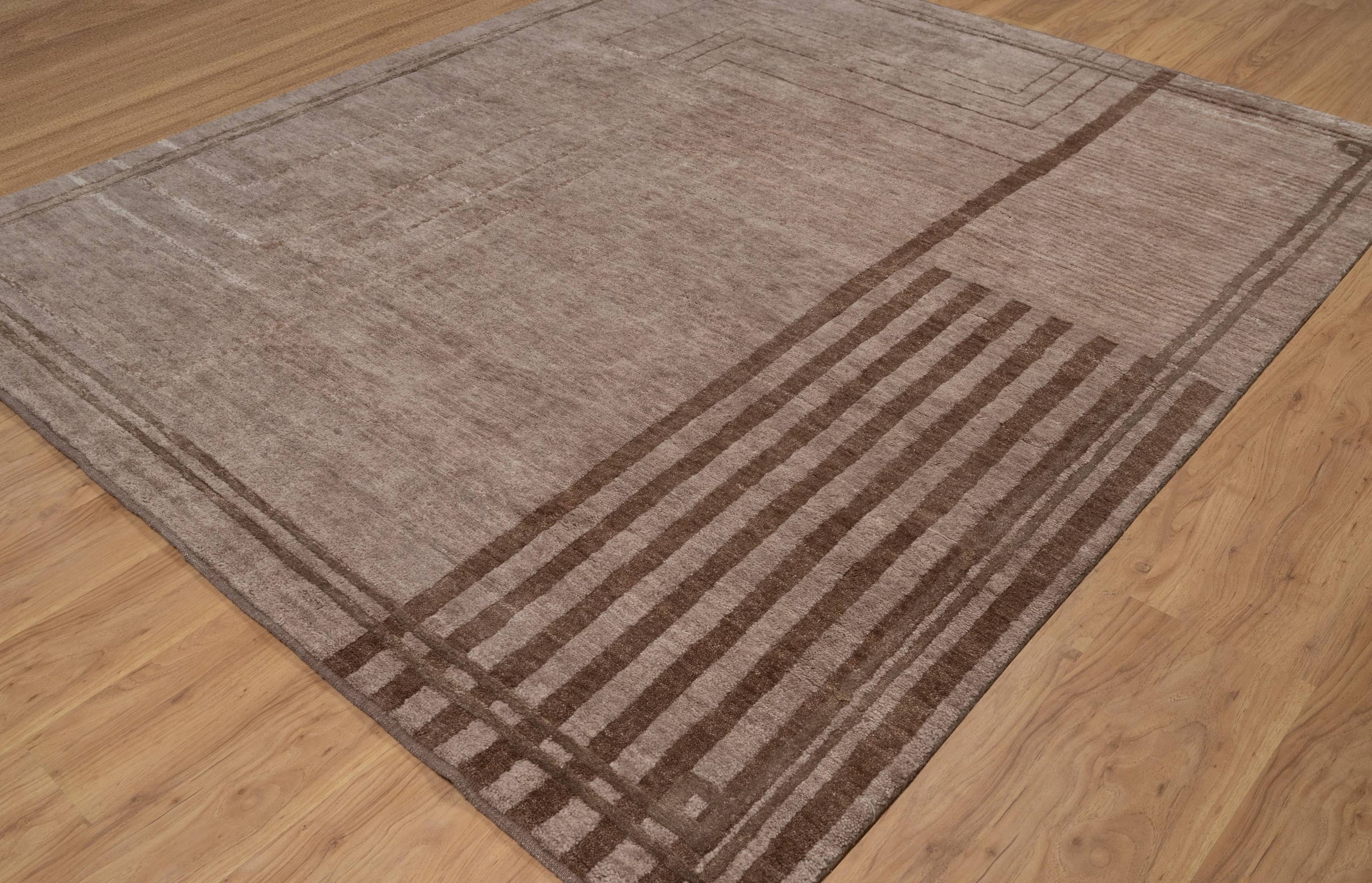 Open Field Frieze Taupe Wool Rug, Hand-Knotted Deco Lines, Mauve Greige Minimalist Area Rug 8x10 | Custom Size