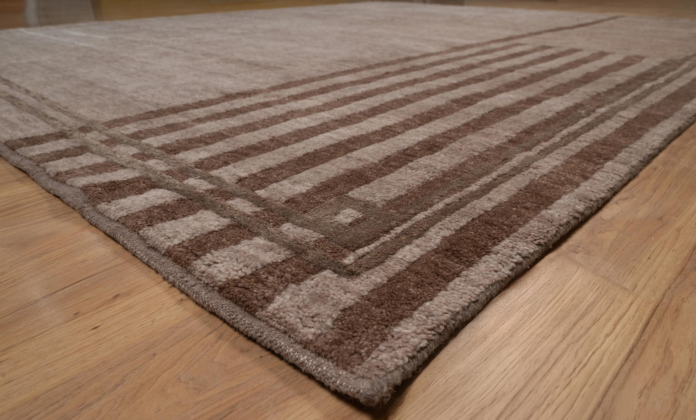 Open Field Frieze Taupe Wool Rug, Hand-Knotted Deco Lines, Mauve Greige Minimalist Area Rug 8x10 | Custom Size