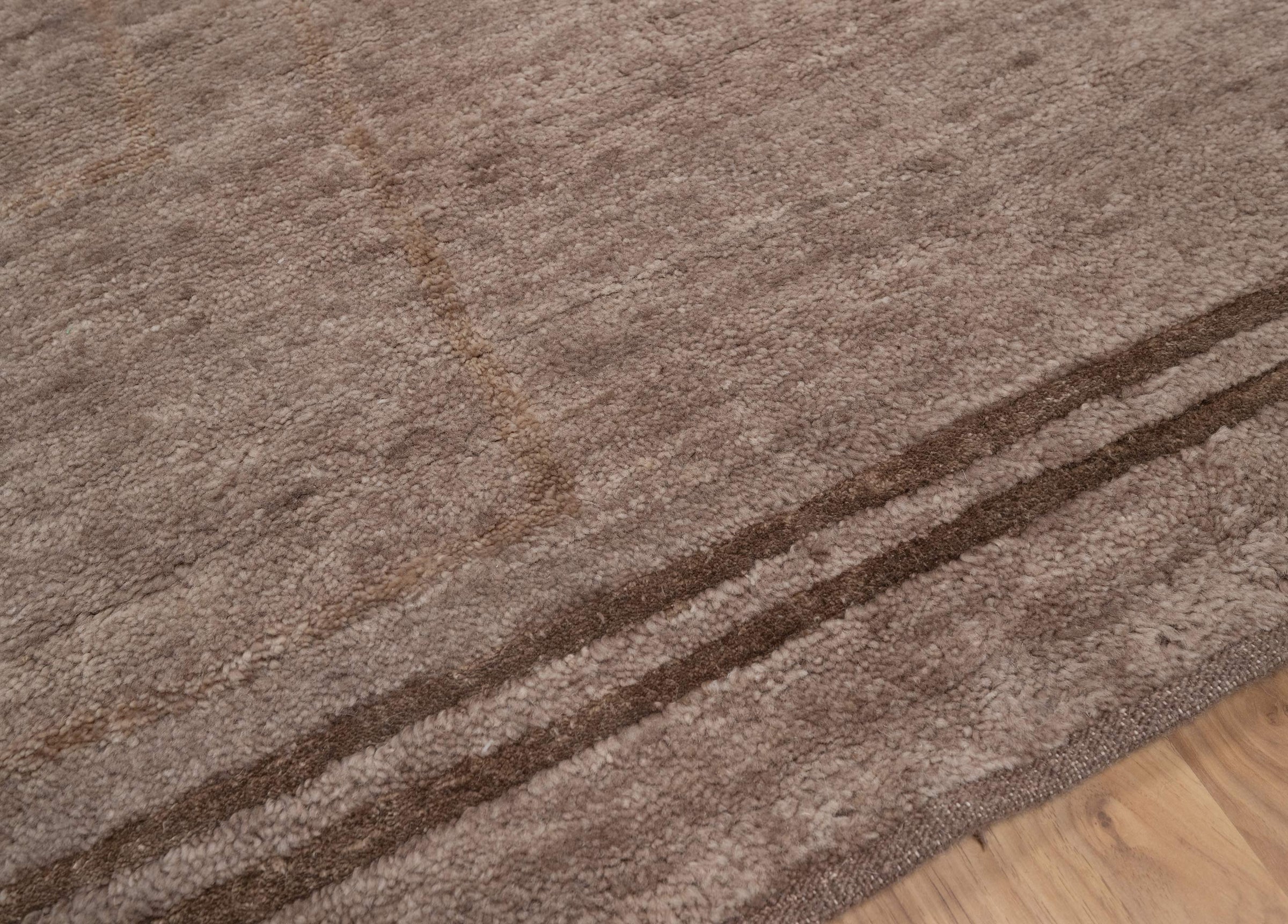 Open Field Frieze Taupe Wool Rug, Hand-Knotted Deco Lines, Mauve Greige Minimalist Area Rug 8x10 | Custom Size