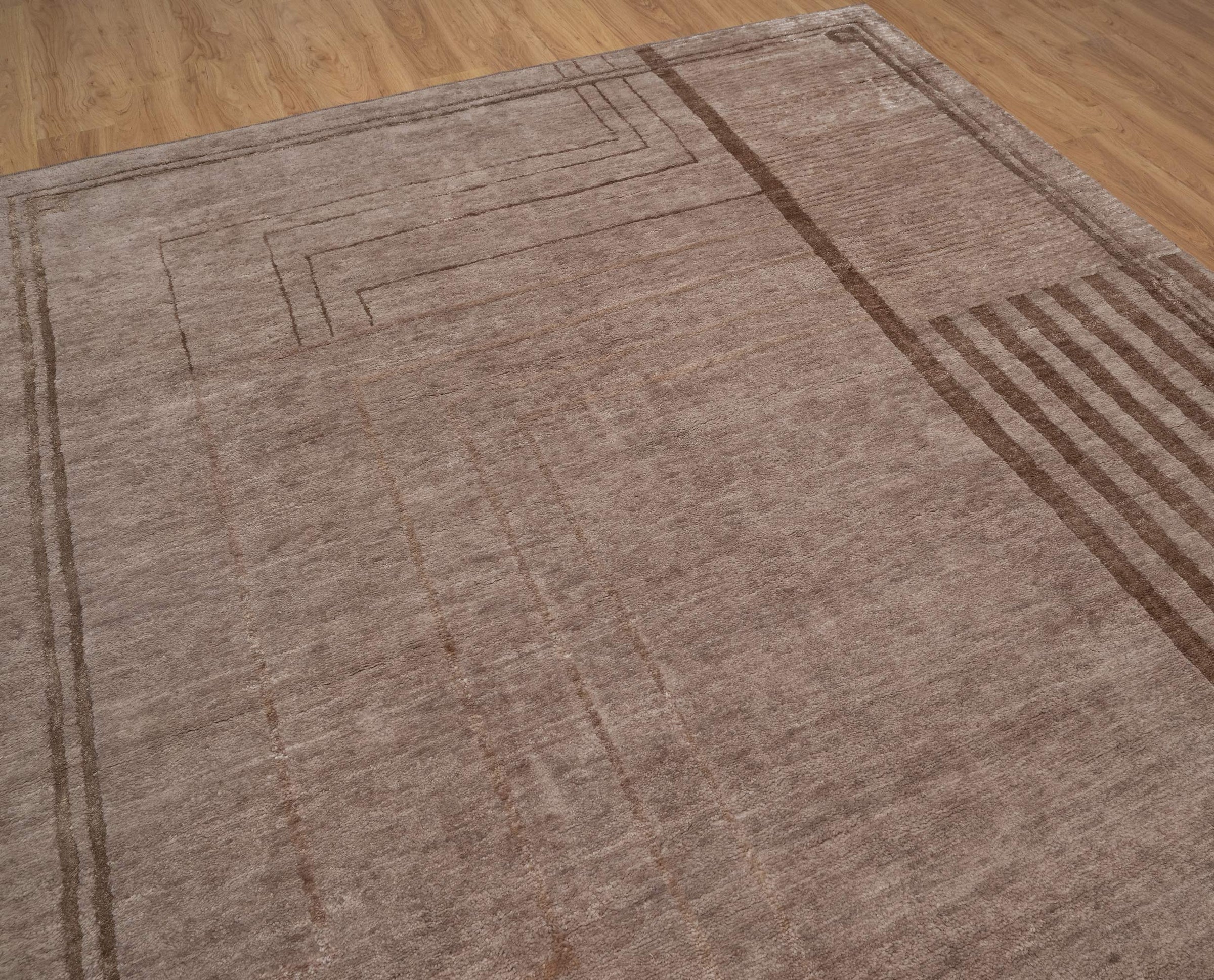 Open Field Frieze Taupe Wool Rug, Hand-Knotted Deco Lines, Mauve Greige Minimalist Area Rug 8x10 | Custom Size