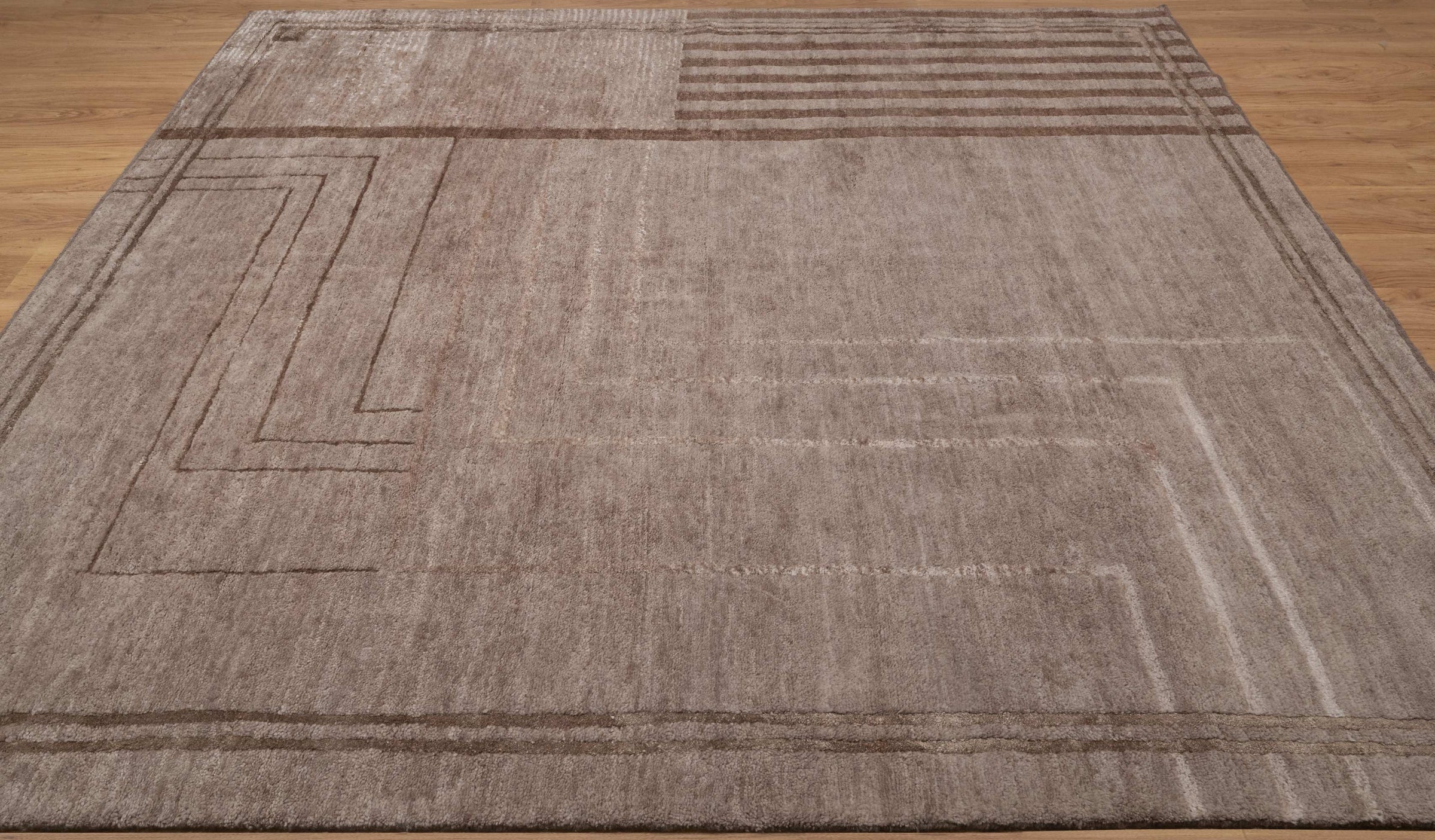 Open Field Frieze Taupe Wool Rug, Hand-Knotted Deco Lines, Mauve Greige Minimalist Area Rug 8x10 | Custom Size