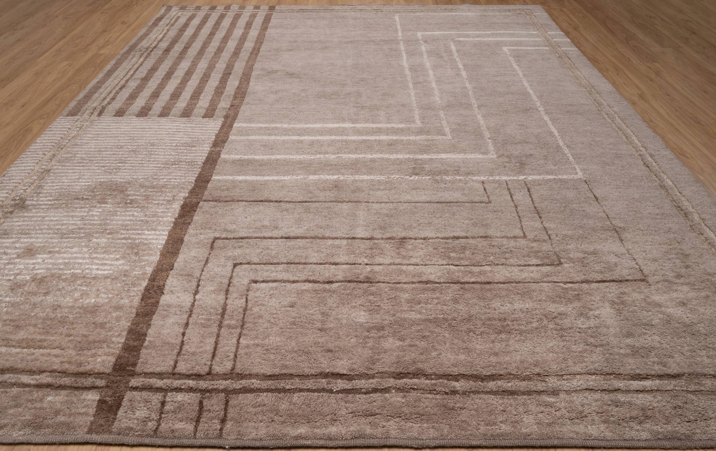 Open Field Frieze Taupe Wool Rug, Hand-Knotted Deco Lines, Mauve Greige Minimalist Area Rug 8x10 | Custom Size