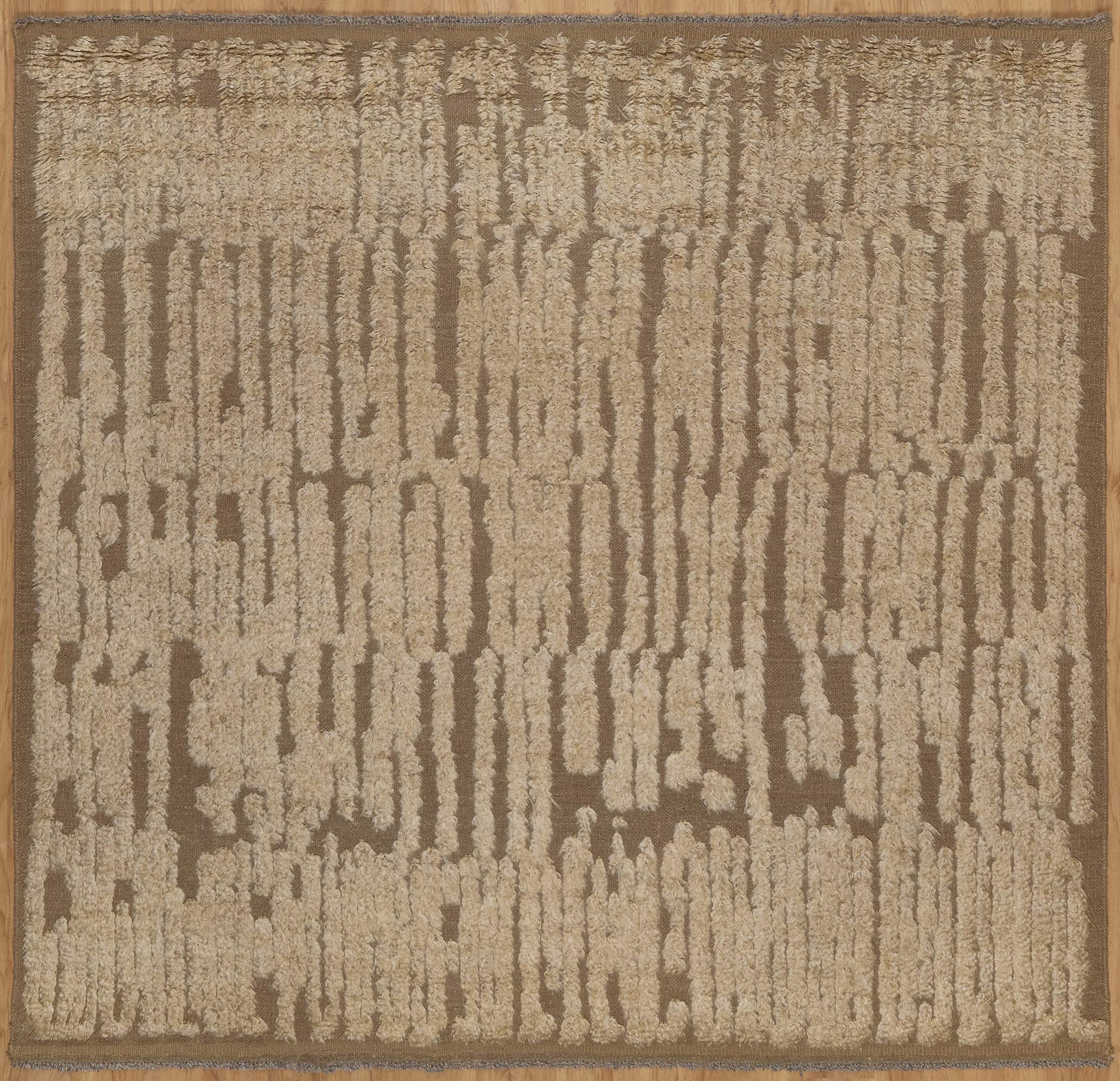 Craft Loop Fleece Oat Wool Rug, Hand-Knotted High Low Pile, Ivory Brown Textured Area Rug 8x8 | Custom Size