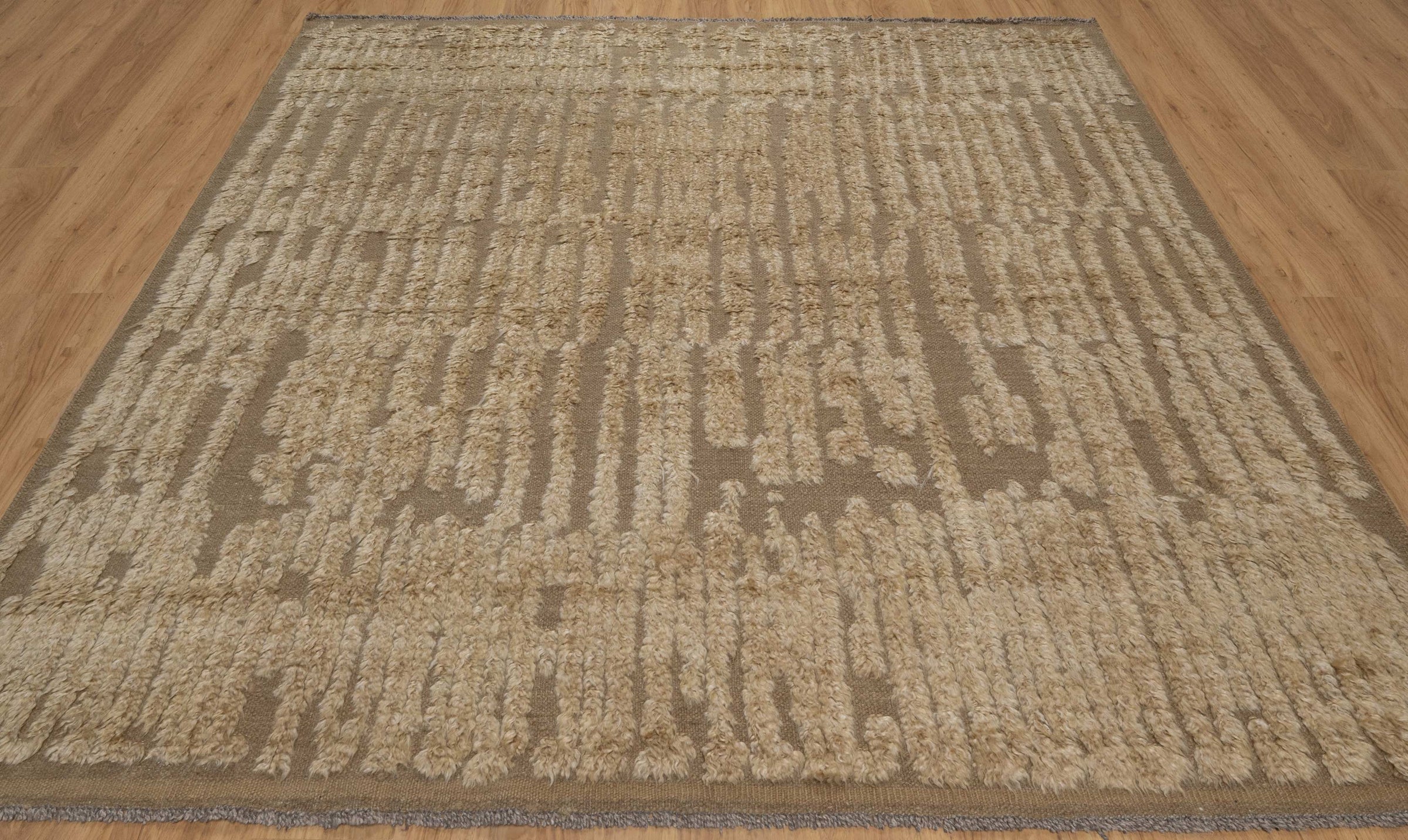 Craft Loop Fleece Oat Wool Rug, Hand-Knotted High Low Pile, Ivory Brown Textured Area Rug 8x8 | Custom Size