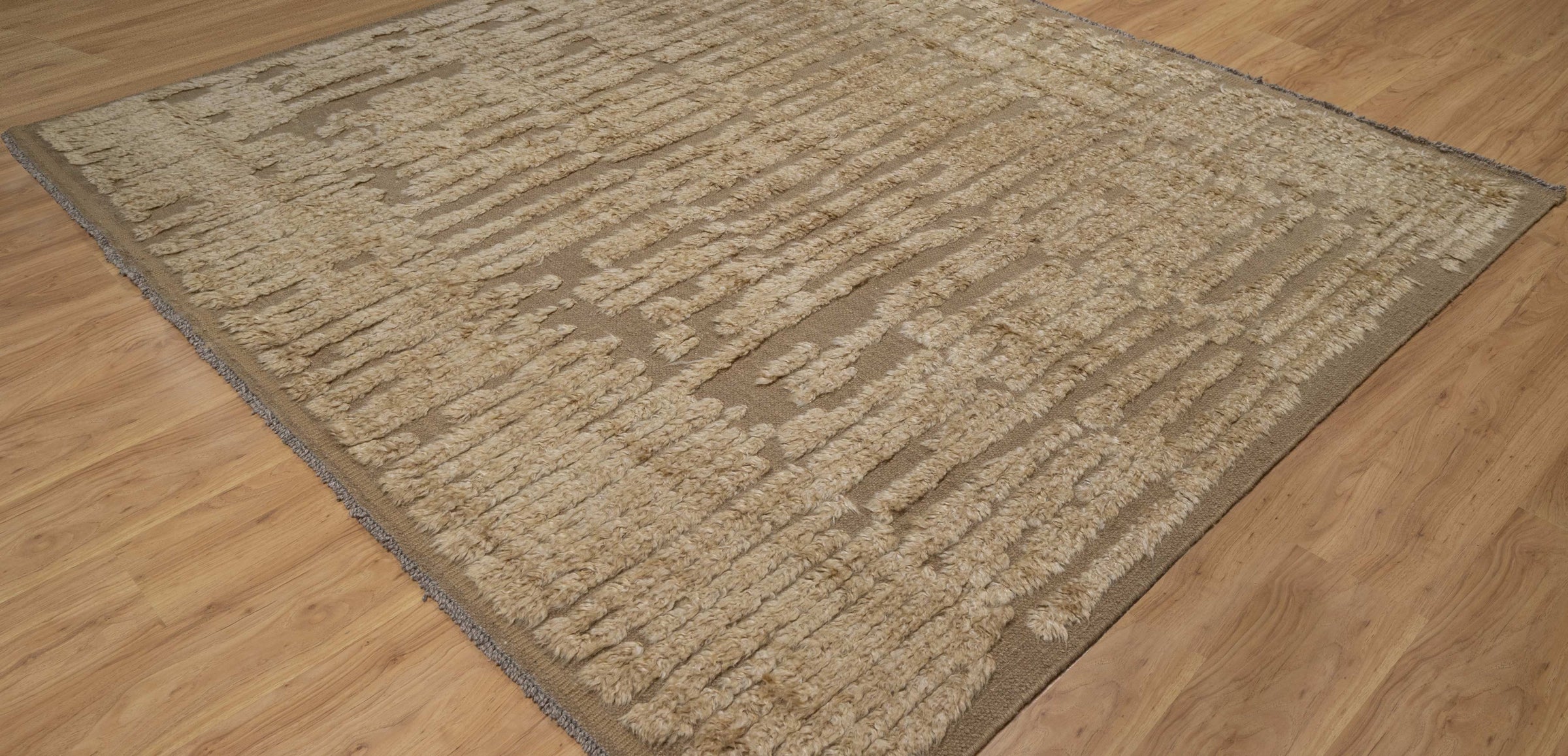 Craft Loop Fleece Oat Wool Rug, Hand-Knotted High Low Pile, Ivory Brown Textured Area Rug 8x8 | Custom Size