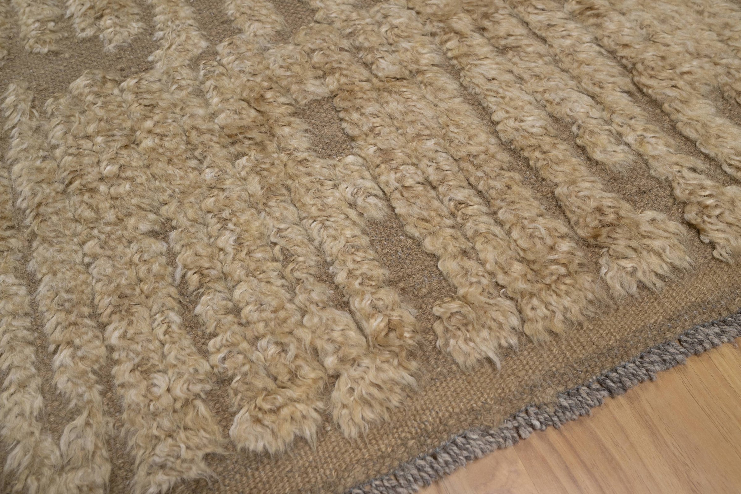 Craft Loop Fleece Oat Wool Rug, Hand-Knotted High Low Pile, Ivory Brown Textured Area Rug 8x8 | Custom Size