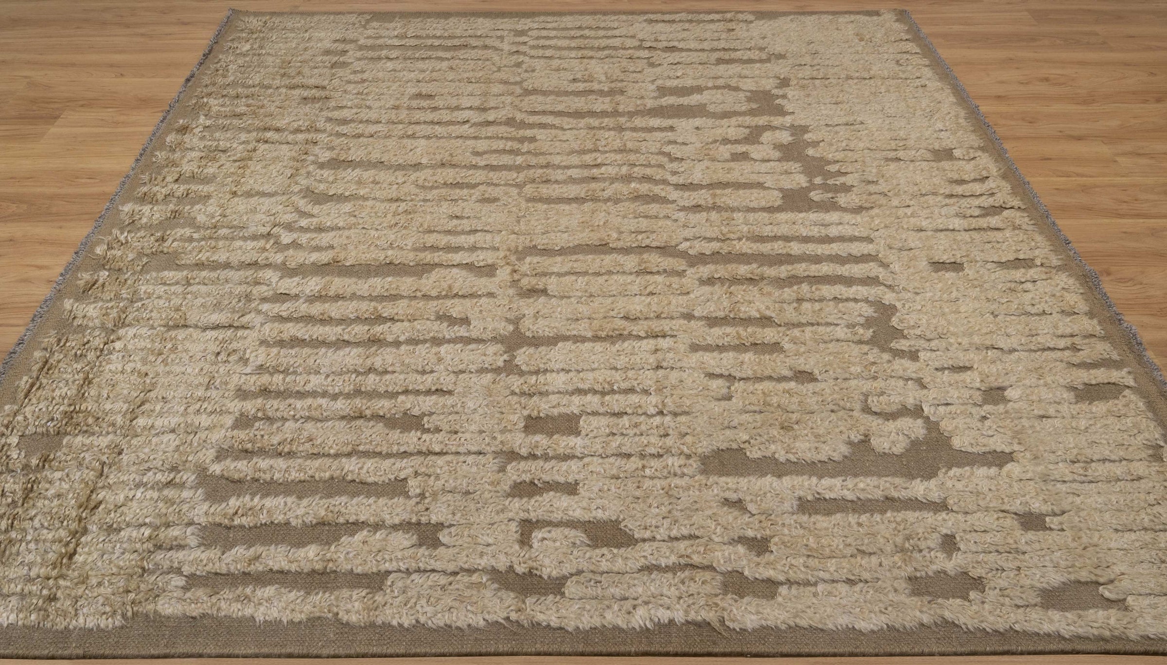 Craft Loop Fleece Oat Wool Rug, Hand-Knotted High Low Pile, Ivory Brown Textured Area Rug 8x8 | Custom Size