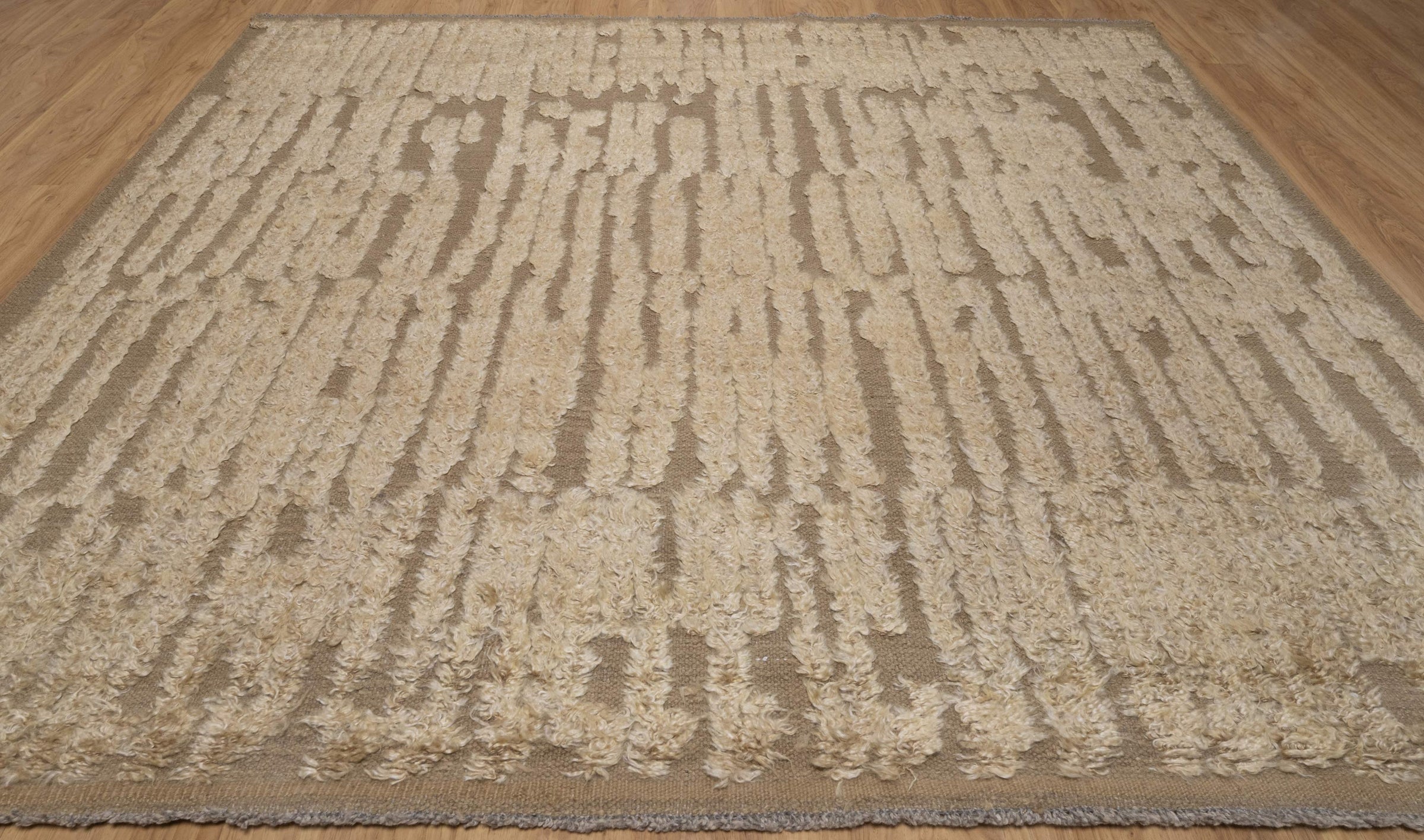 Craft Loop Fleece Oat Wool Rug, Hand-Knotted High Low Pile, Ivory Brown Textured Area Rug 8x8 | Custom Size