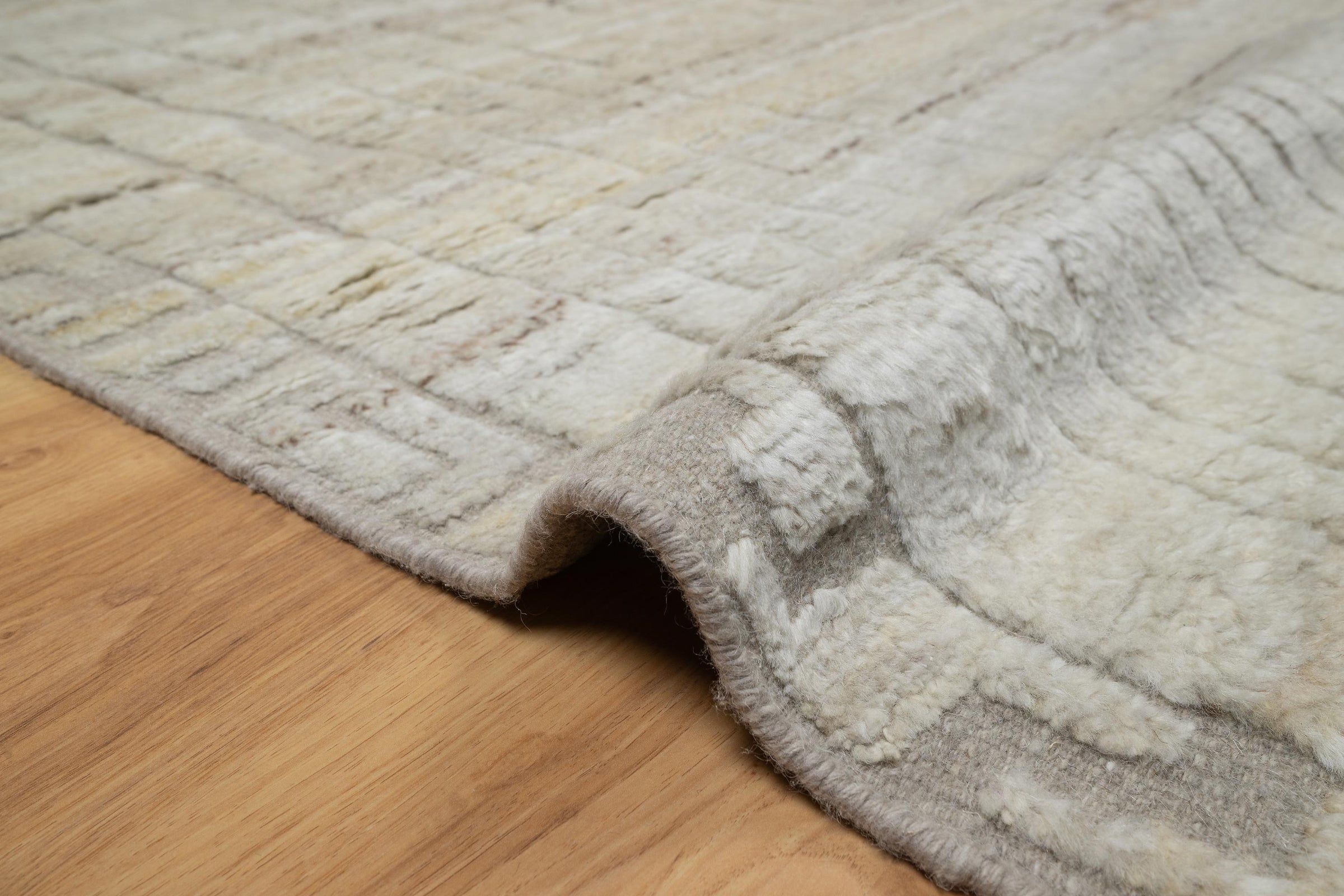 Deep Pile Thicket Ivory Grey Wool Rug, Hand-Knotted Shag Texture, Cream Moroccan Area Rug 8x10 | Custom Size