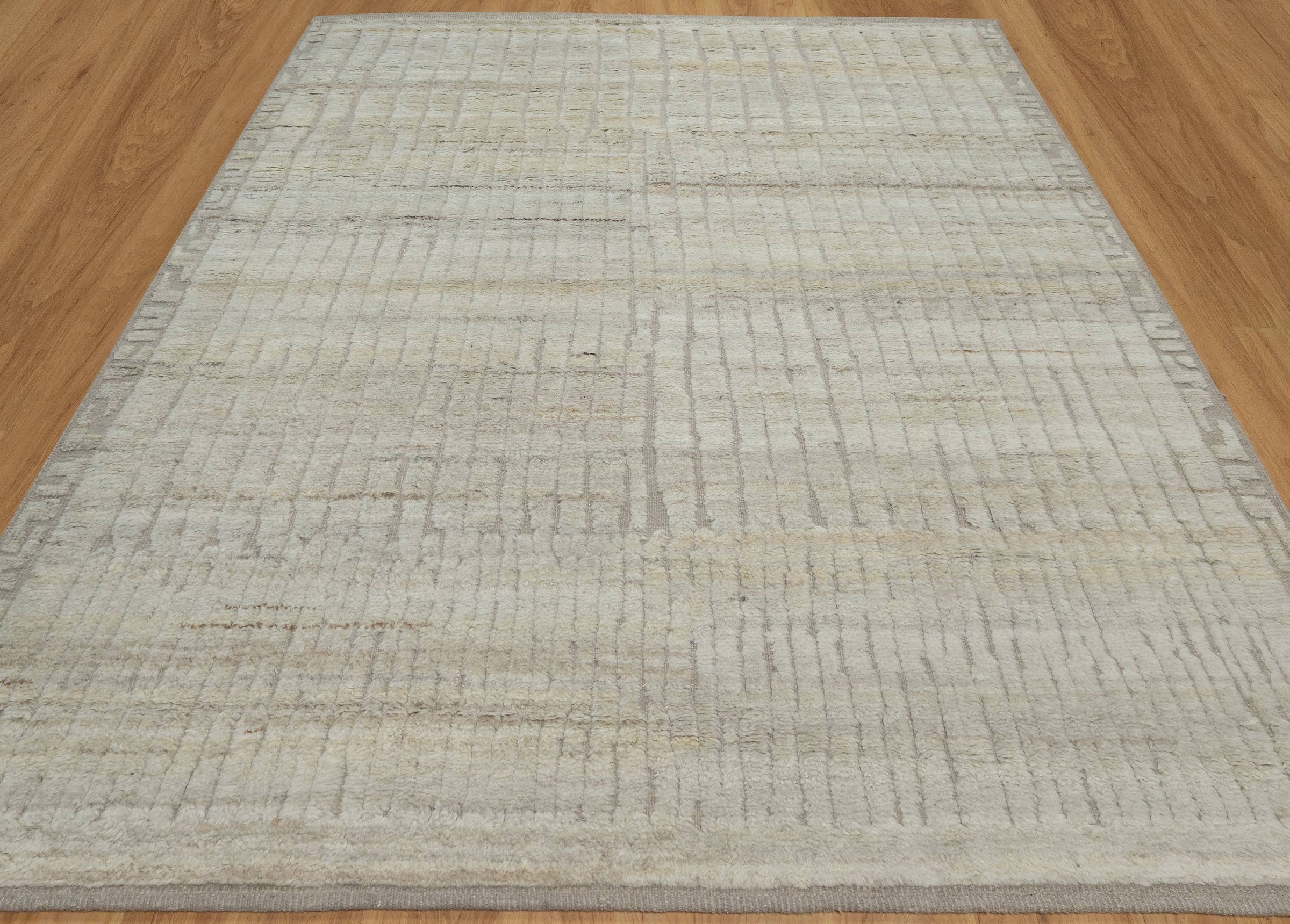 Deep Pile Thicket Ivory Grey Wool Rug, Hand-Knotted Shag Texture, Cream Moroccan Area Rug 8x10 | Custom Size