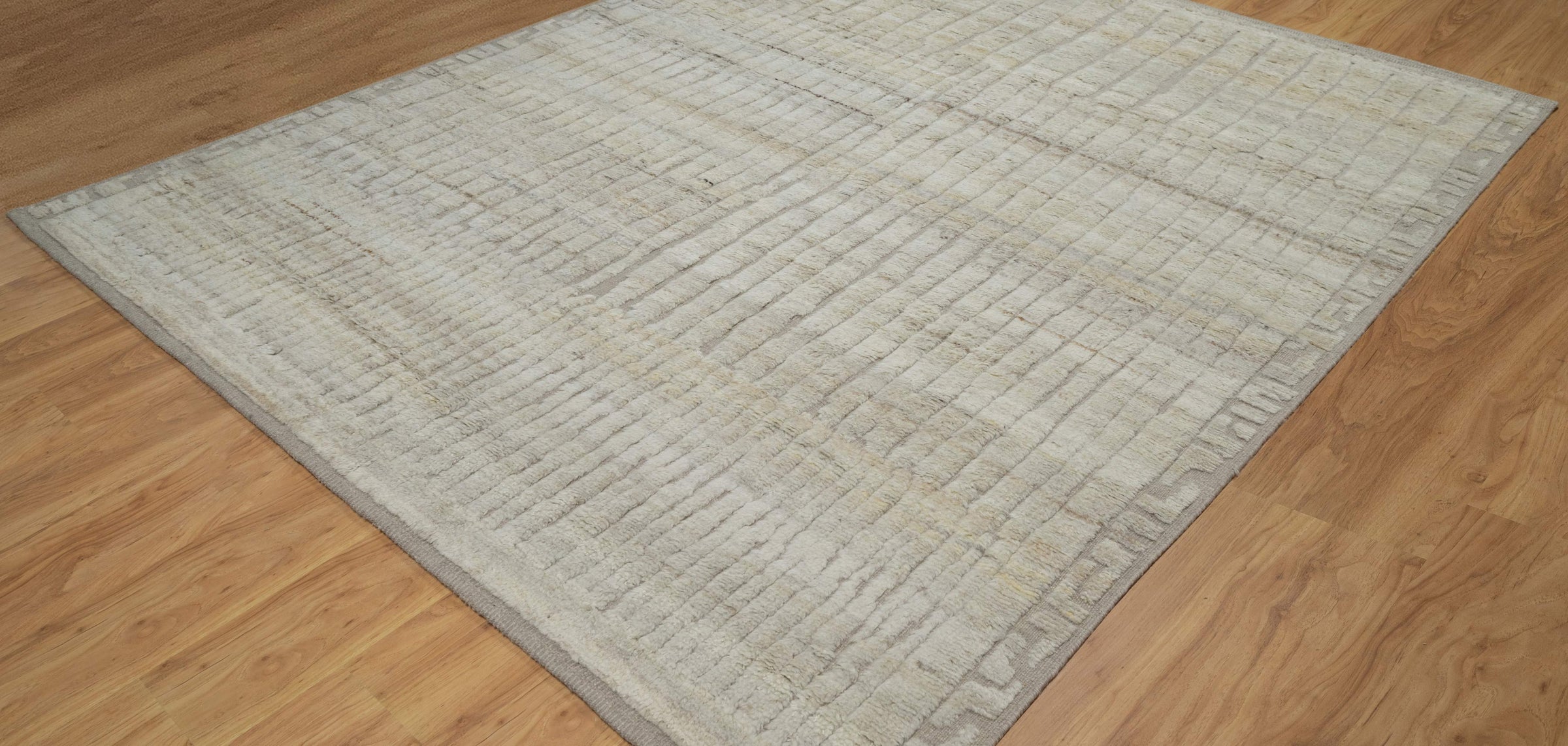 Deep Pile Thicket Ivory Grey Wool Rug, Hand-Knotted Shag Texture, Cream Moroccan Area Rug 8x10 | Custom Size