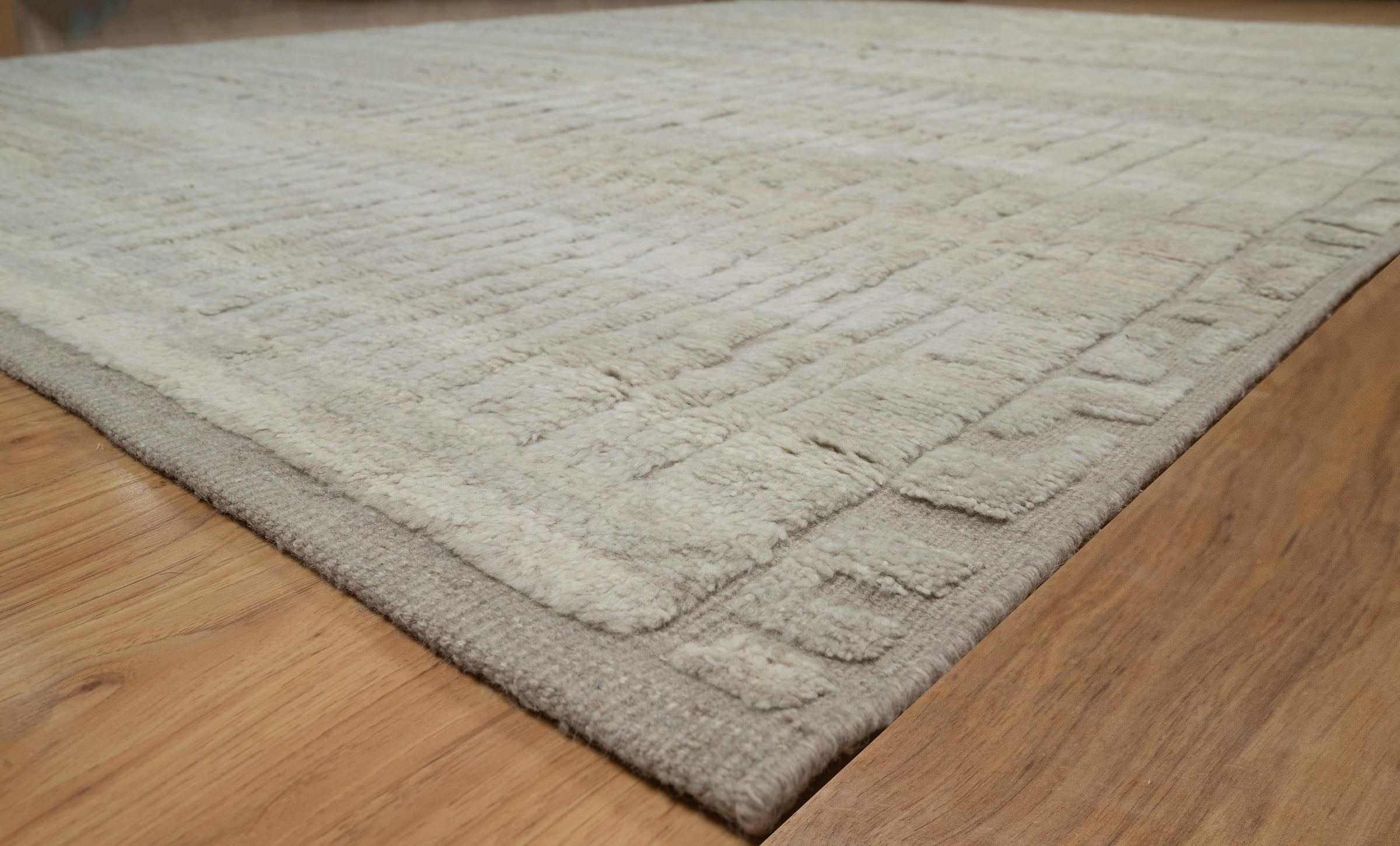 Deep Pile Thicket Ivory Grey Wool Rug, Hand-Knotted Shag Texture, Cream Moroccan Area Rug 8x10 | Custom Size