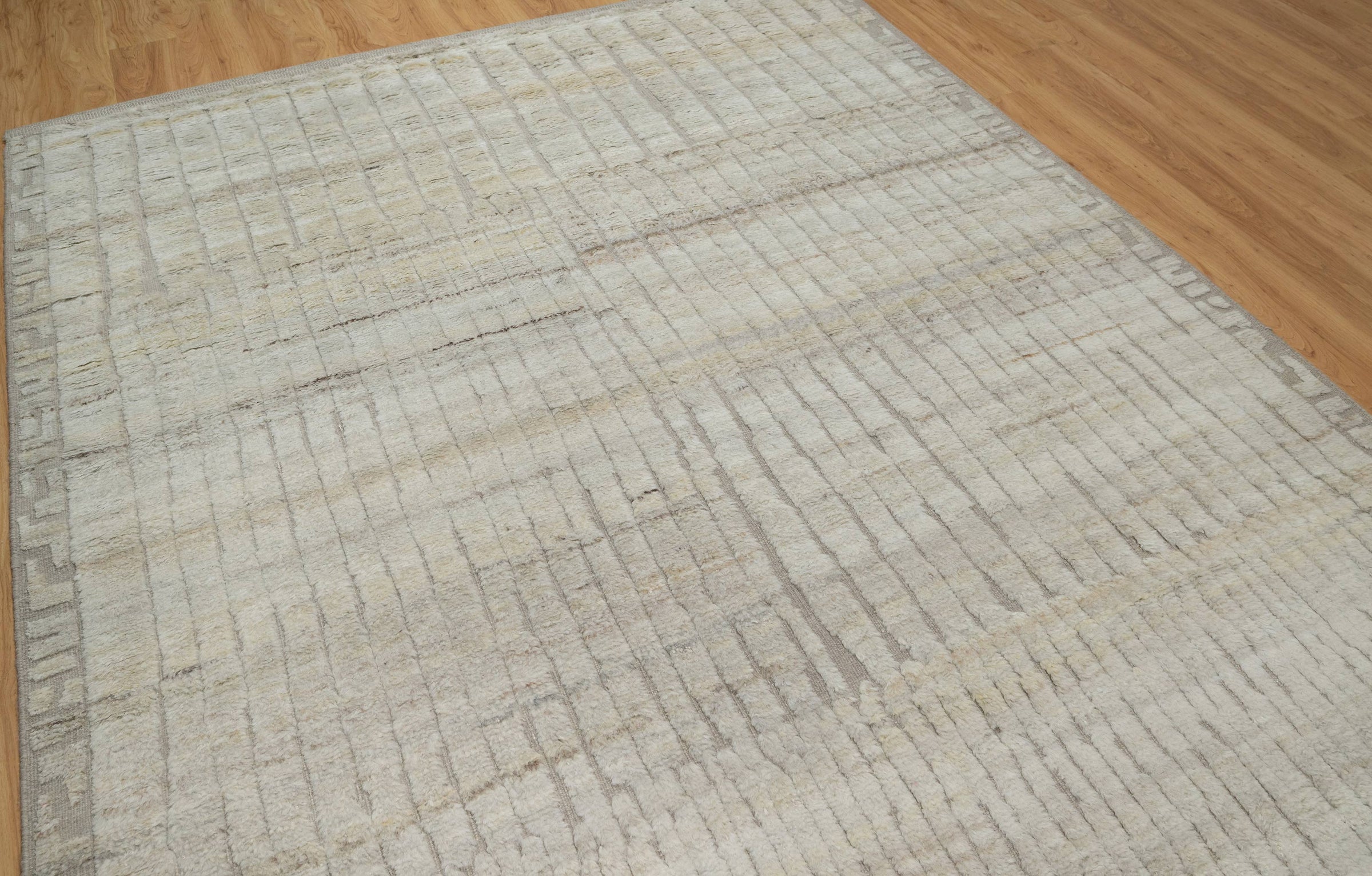 Deep Pile Thicket Ivory Grey Wool Rug, Hand-Knotted Shag Texture, Cream Moroccan Area Rug 8x10 | Custom Size