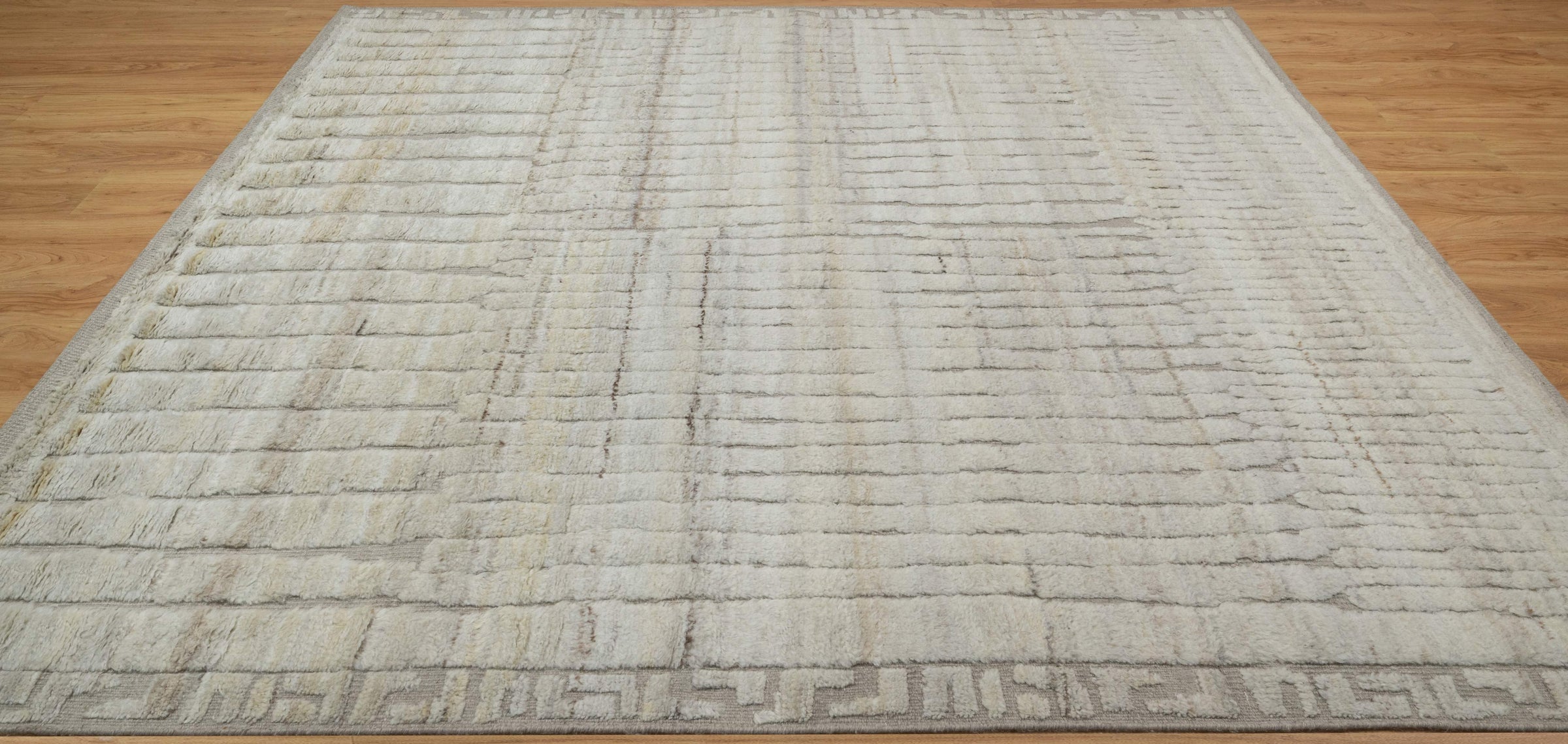 Deep Pile Thicket Ivory Grey Wool Rug, Hand-Knotted Shag Texture, Cream Moroccan Area Rug 8x10 | Custom Size