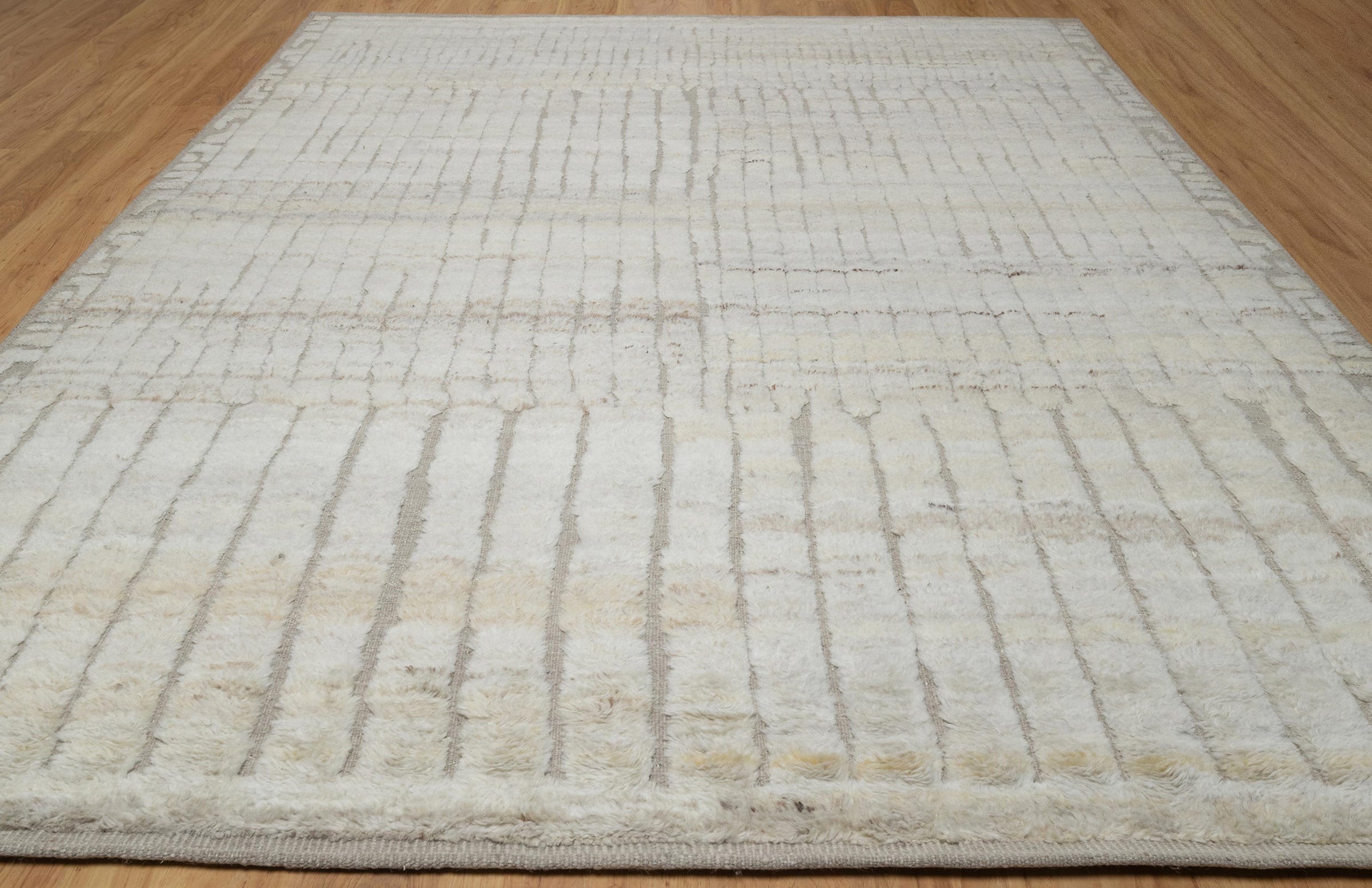 Deep Pile Thicket Ivory Grey Wool Rug, Hand-Knotted Shag Texture, Cream Moroccan Area Rug 8x10 | Custom Size