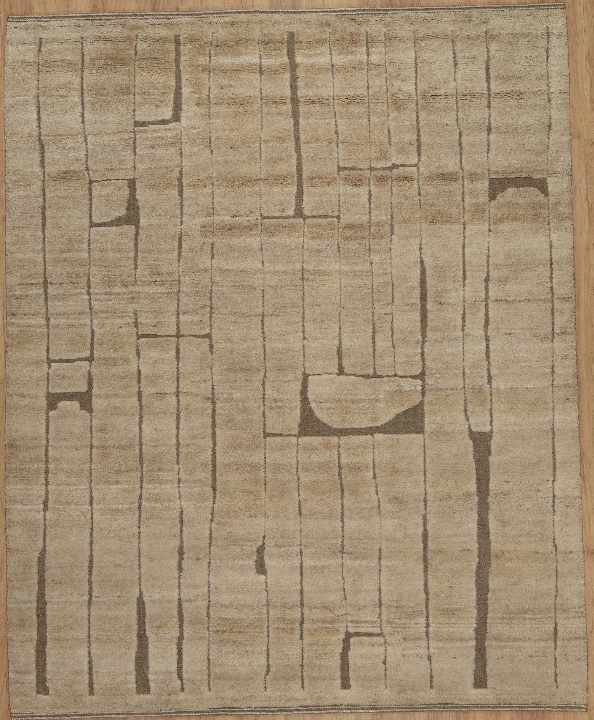 Deep Pile Notch Camel Wool Rug, Hand-Knotted Abstract Lines, Warm Sand Brown Area Rug 8x10 | Custom Size