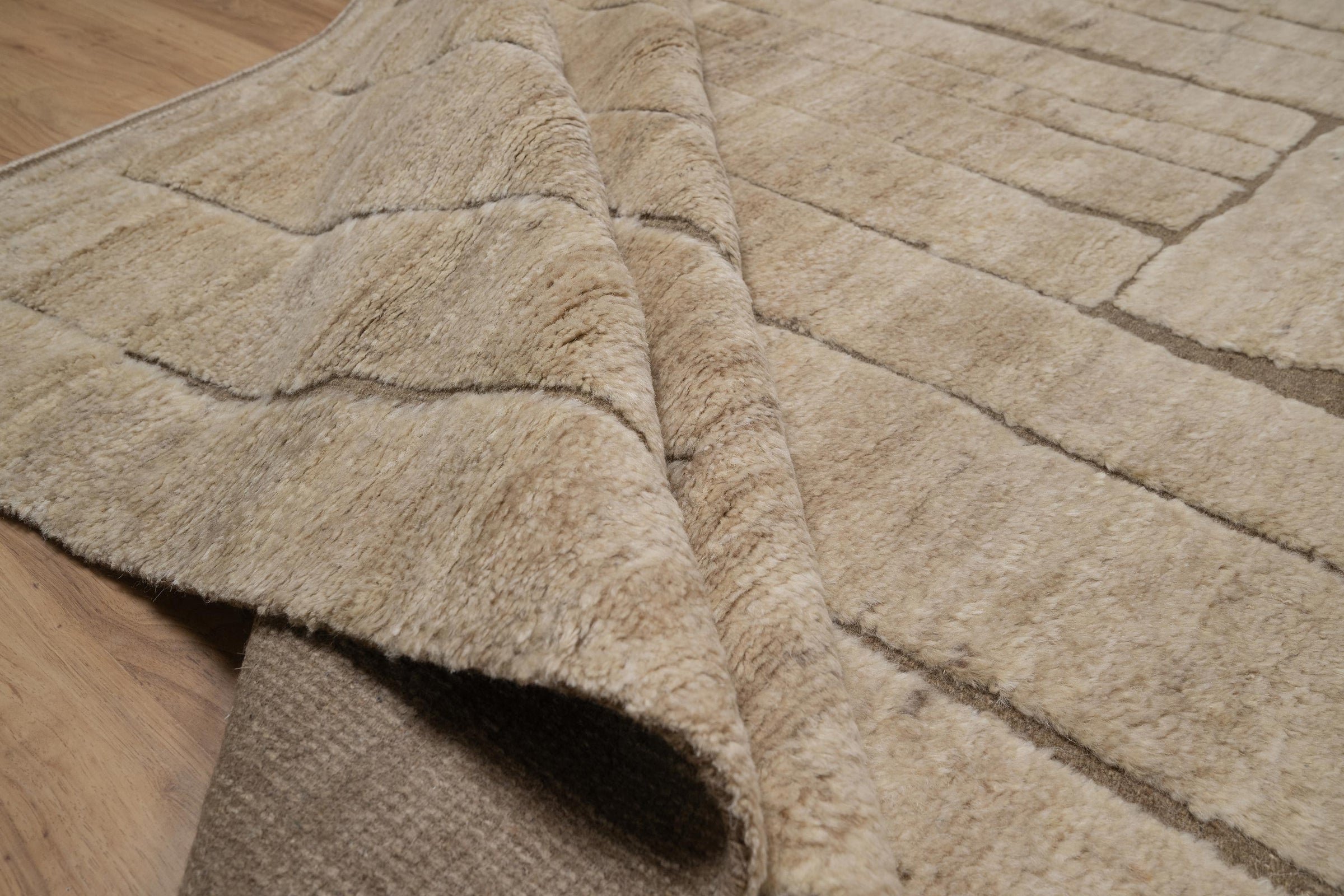 Deep Pile Notch Camel Wool Rug, Hand-Knotted Abstract Lines, Warm Sand Brown Area Rug 8x10 | Custom Size