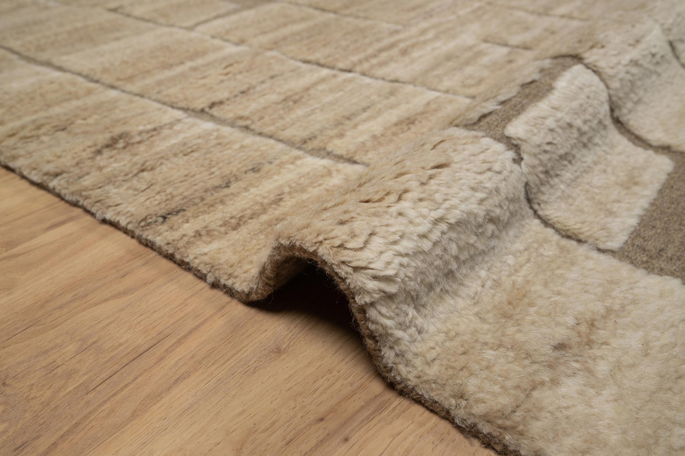 Deep Pile Notch Camel Wool Rug, Hand-Knotted Abstract Lines, Warm Sand Brown Area Rug 8x10 | Custom Size