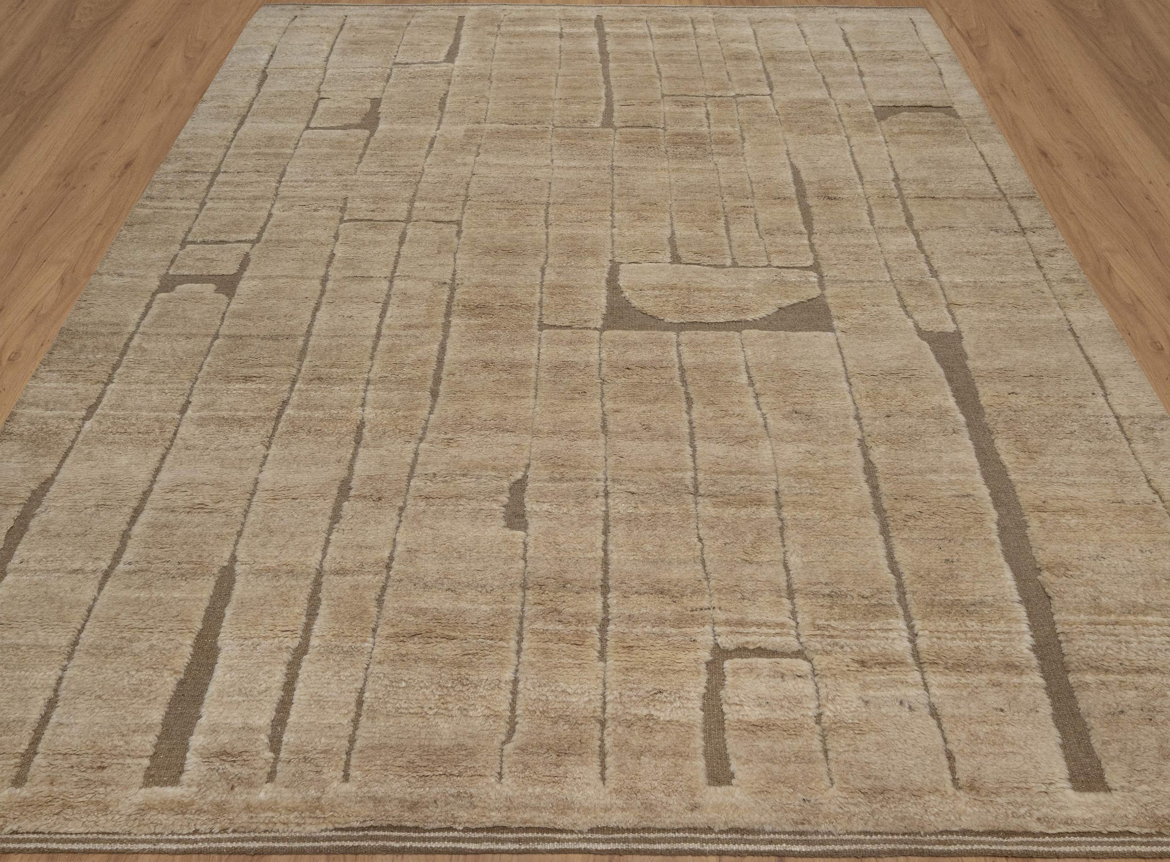 Deep Pile Notch Camel Wool Rug, Hand-Knotted Abstract Lines, Warm Sand Brown Area Rug 8x10 | Custom Size