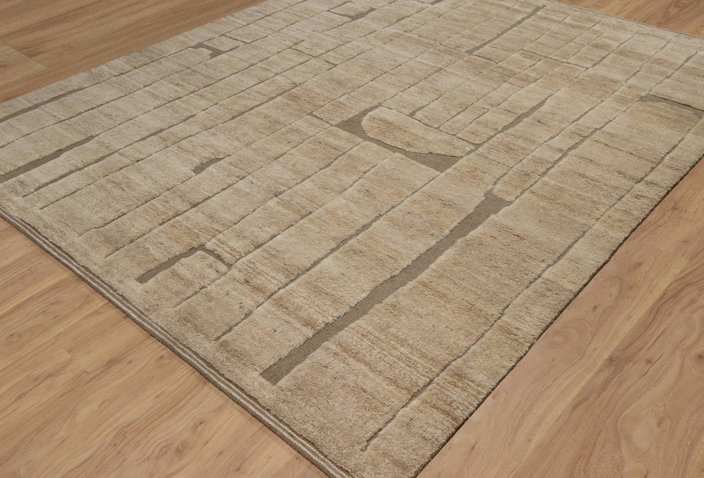 Deep Pile Notch Camel Wool Rug, Hand-Knotted Abstract Lines, Warm Sand Brown Area Rug 8x10 | Custom Size