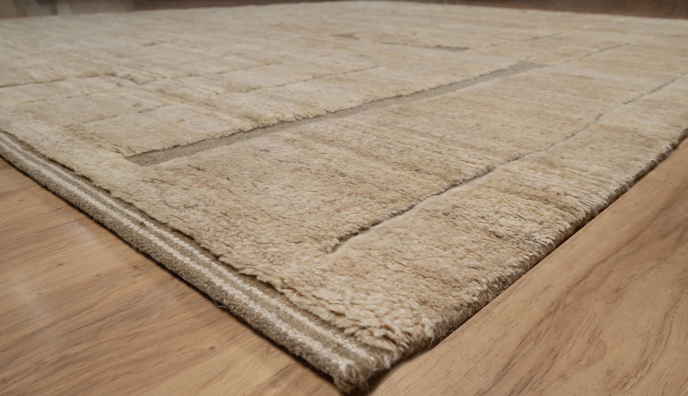 Deep Pile Notch Camel Wool Rug, Hand-Knotted Abstract Lines, Warm Sand Brown Area Rug 8x10 | Custom Size