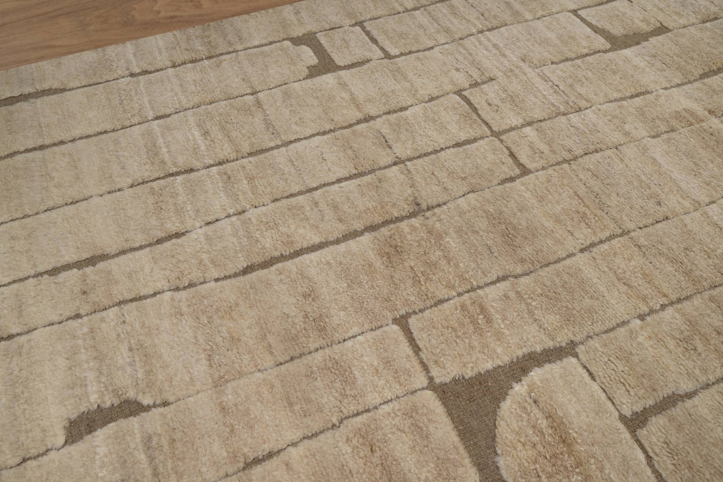 Deep Pile Notch Camel Wool Rug, Hand-Knotted Abstract Lines, Warm Sand Brown Area Rug 8x10 | Custom Size