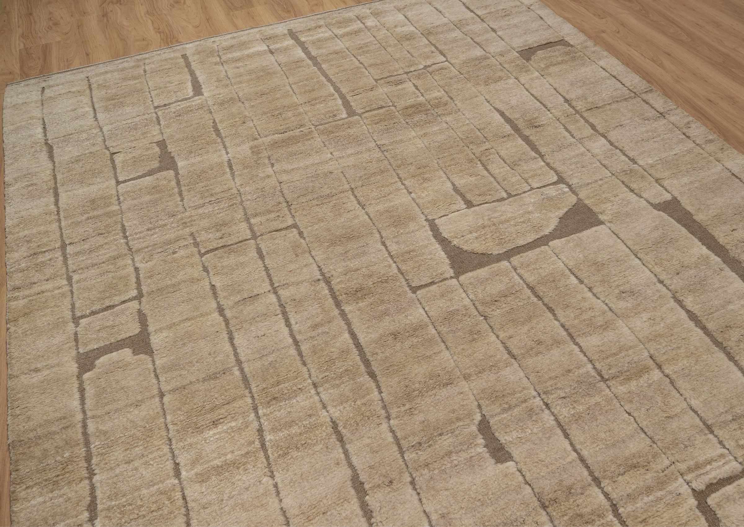 Deep Pile Notch Camel Wool Rug, Hand-Knotted Abstract Lines, Warm Sand Brown Area Rug 8x10 | Custom Size