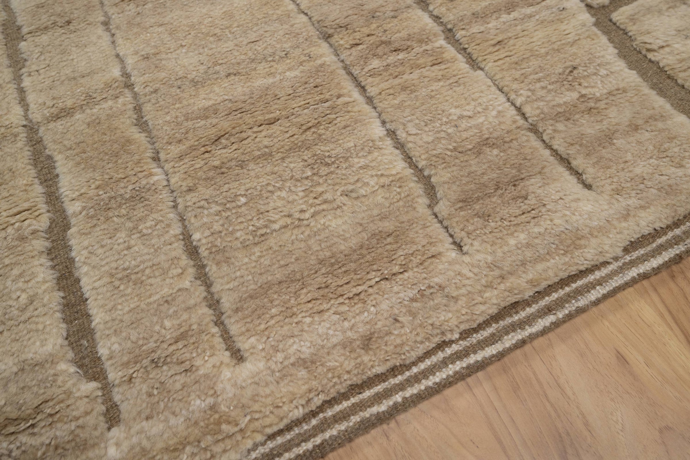 Deep Pile Notch Camel Wool Rug, Hand-Knotted Abstract Lines, Warm Sand Brown Area Rug 8x10 | Custom Size