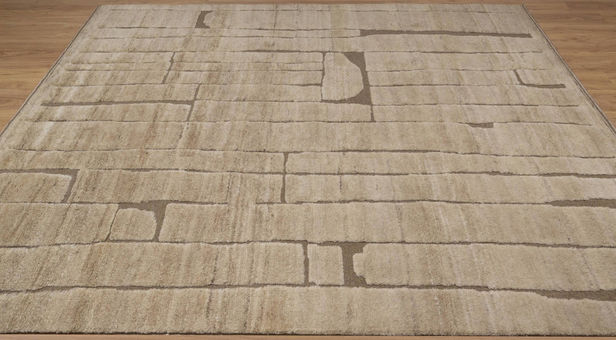 Deep Pile Notch Camel Wool Rug, Hand-Knotted Abstract Lines, Warm Sand Brown Area Rug 8x10 | Custom Size
