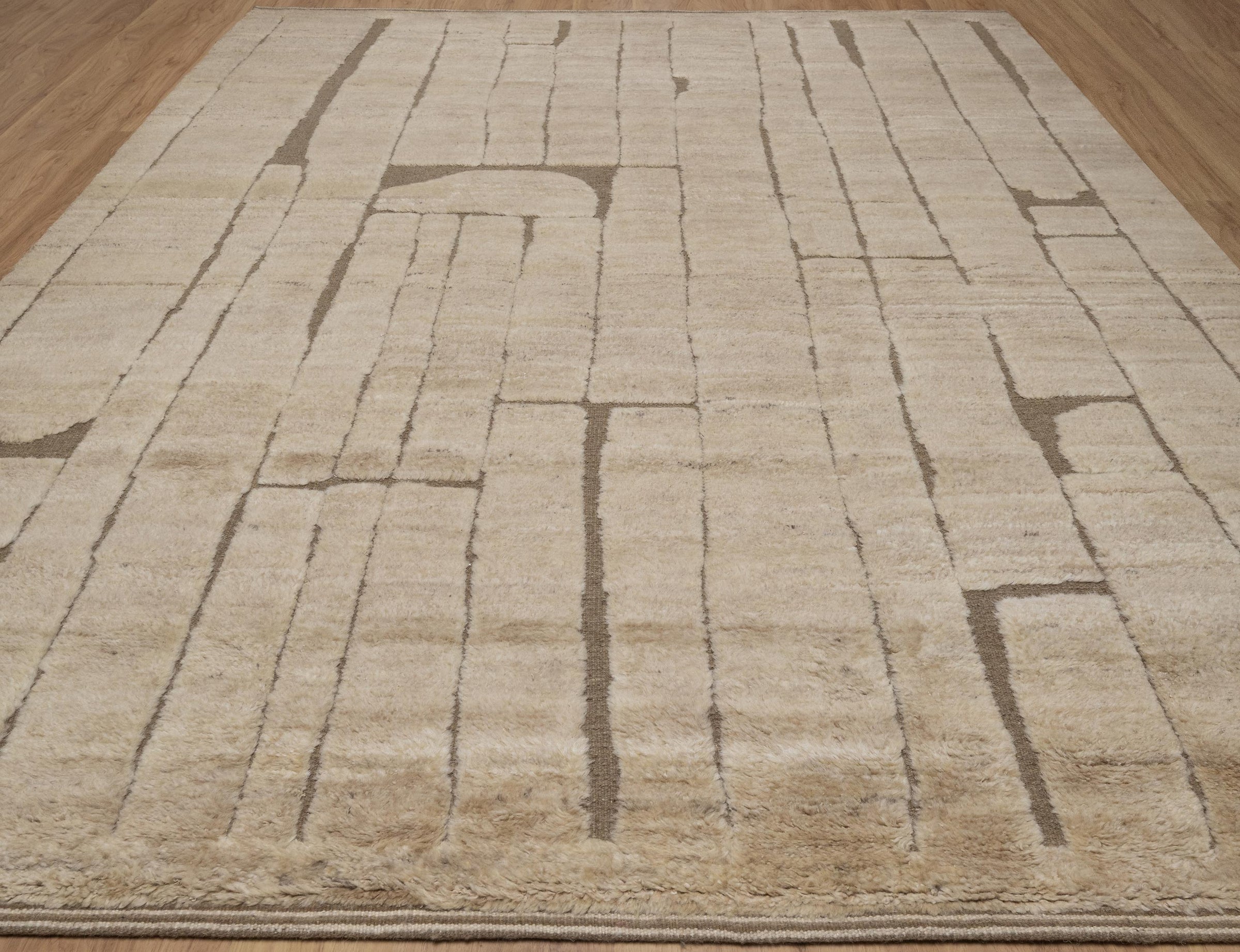 Deep Pile Notch Camel Wool Rug, Hand-Knotted Abstract Lines, Warm Sand Brown Area Rug 8x10 | Custom Size