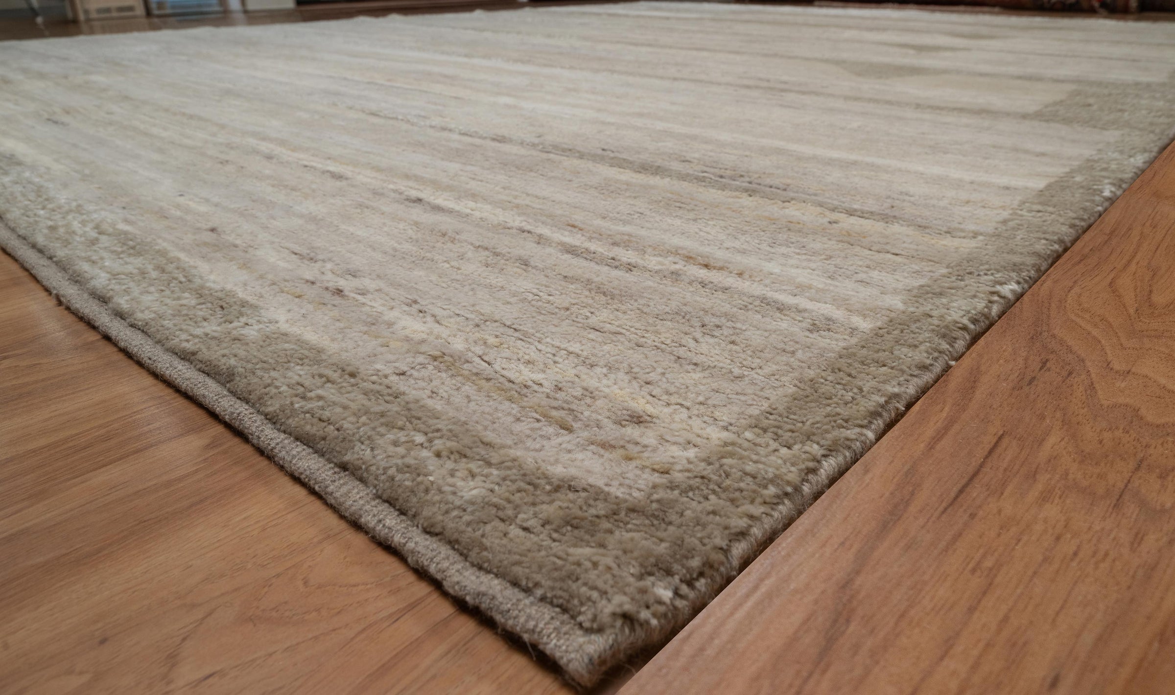 Still Water Gleam Linen Wool Rug, Hand-Knotted Striated Sheen, Warm Flax Greige Area Rug 10x13 | Custom Size