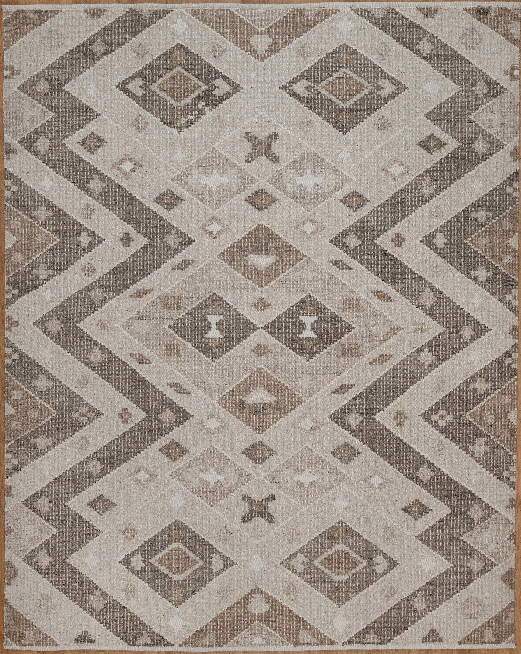 Soft Ground Mica Oat Wool Rug, Hand-Woven Diamond Kilim, Ivory Taupe Tribal Area Rug 8x10 | Custom Size