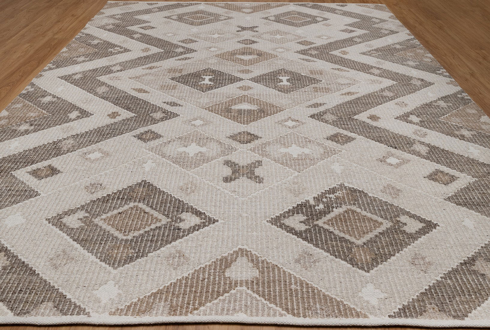 Soft Ground Mica Oat Wool Rug, Hand-Woven Diamond Kilim, Ivory Taupe Tribal Area Rug 8x10 | Custom Size
