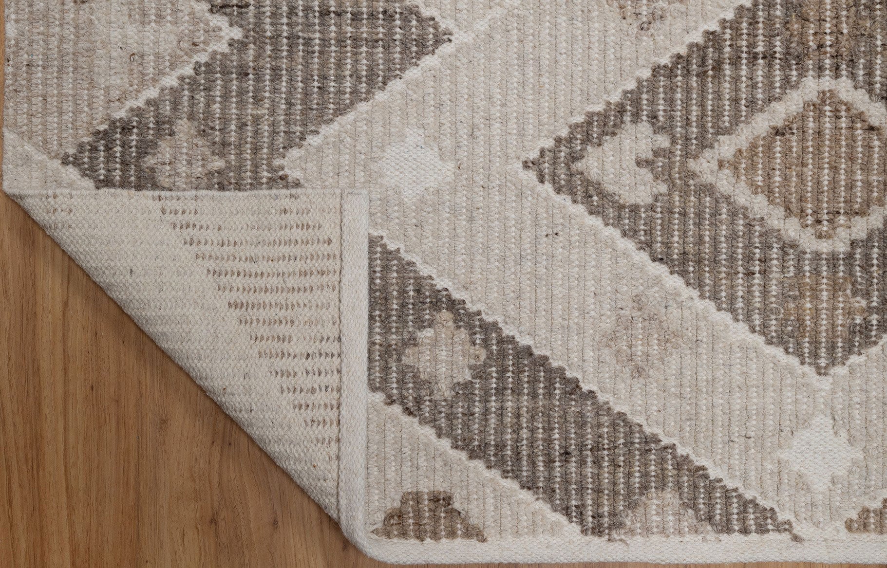 Soft Ground Mica Oat Wool Rug, Hand-Woven Diamond Kilim, Ivory Taupe Tribal Area Rug 8x10 | Custom Size