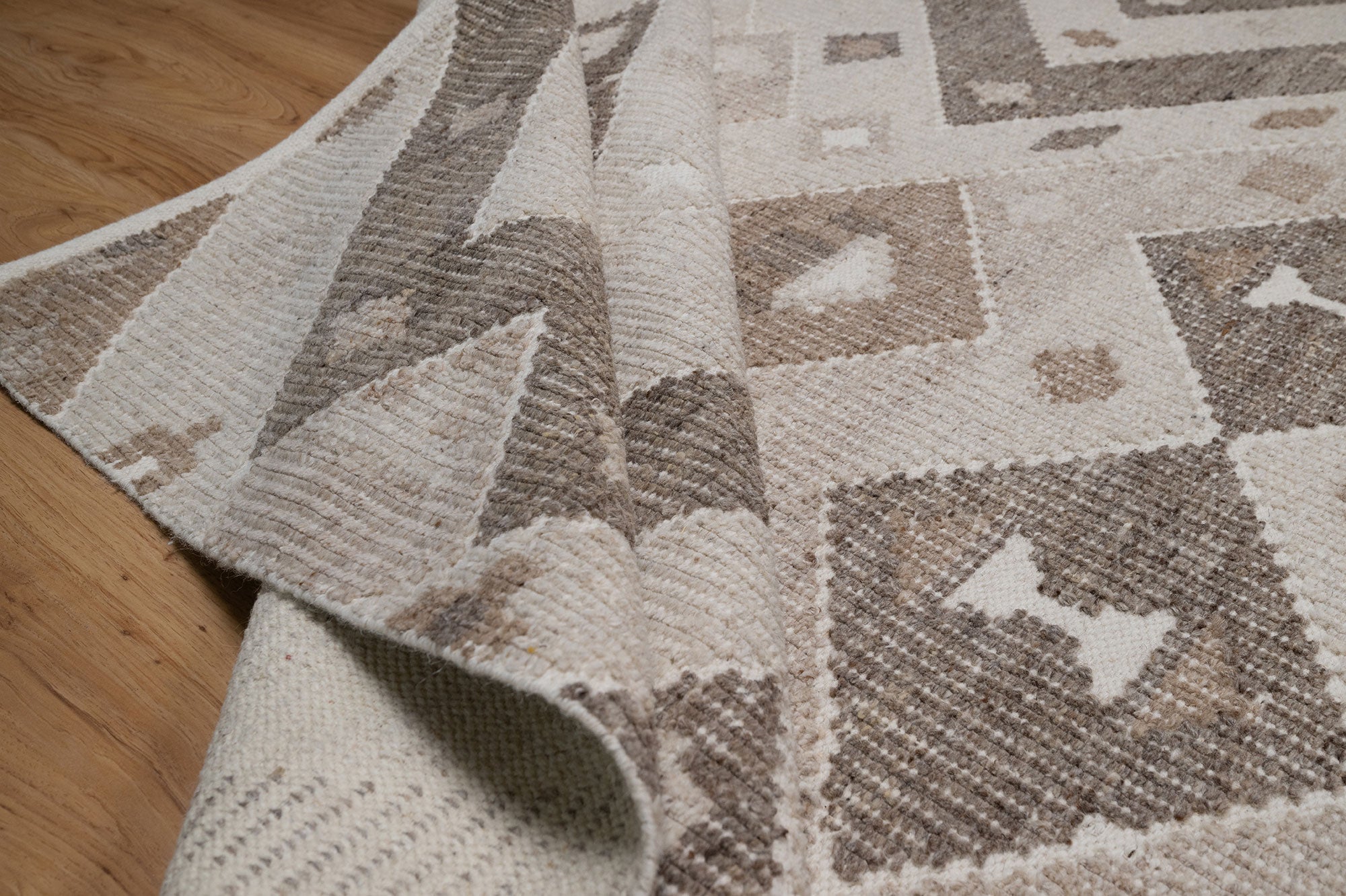 Soft Ground Mica Oat Wool Rug, Hand-Woven Diamond Kilim, Ivory Taupe Tribal Area Rug 8x10 | Custom Size