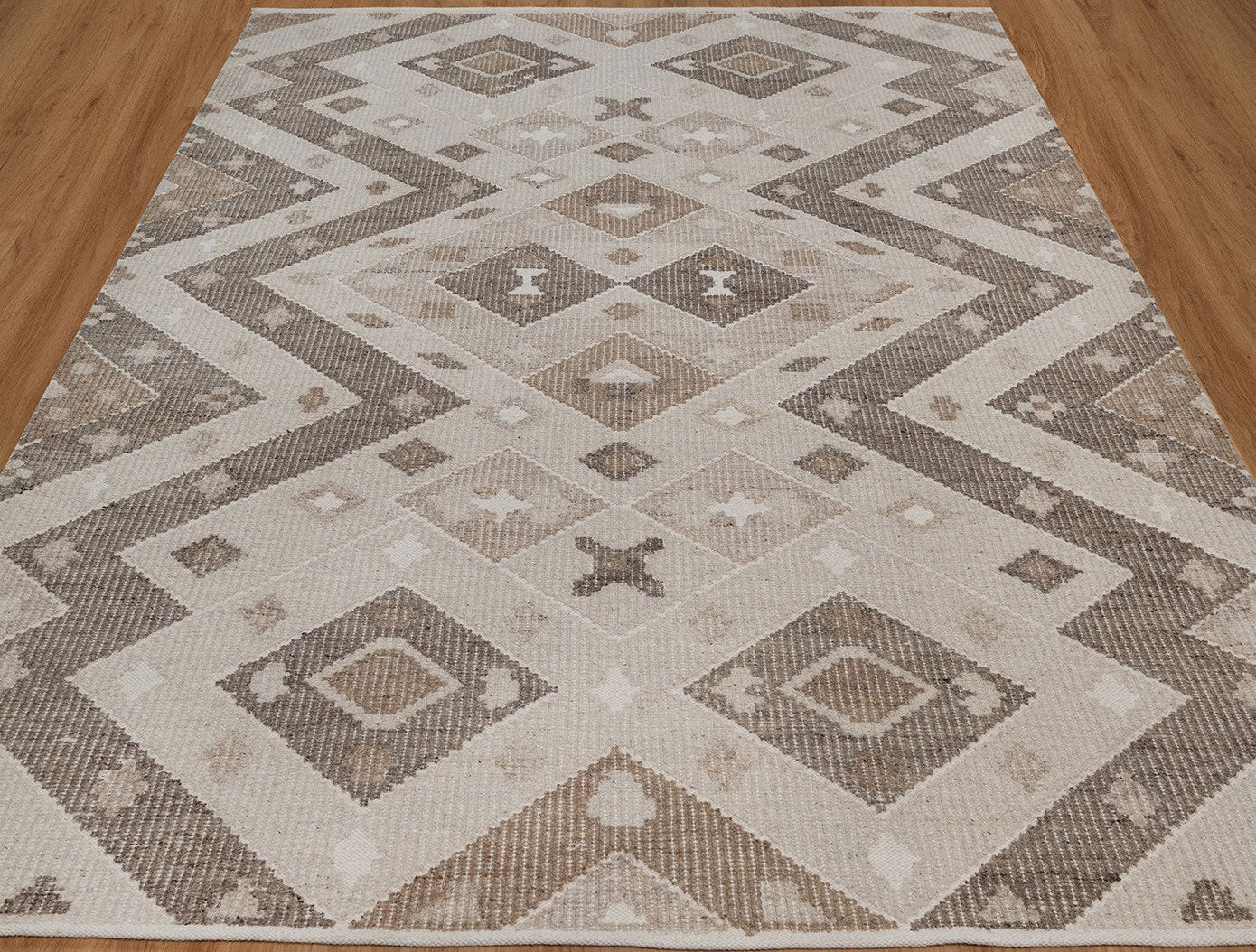 Soft Ground Mica Oat Wool Rug, Hand-Woven Diamond Kilim, Ivory Taupe Tribal Area Rug 8x10 | Custom Size