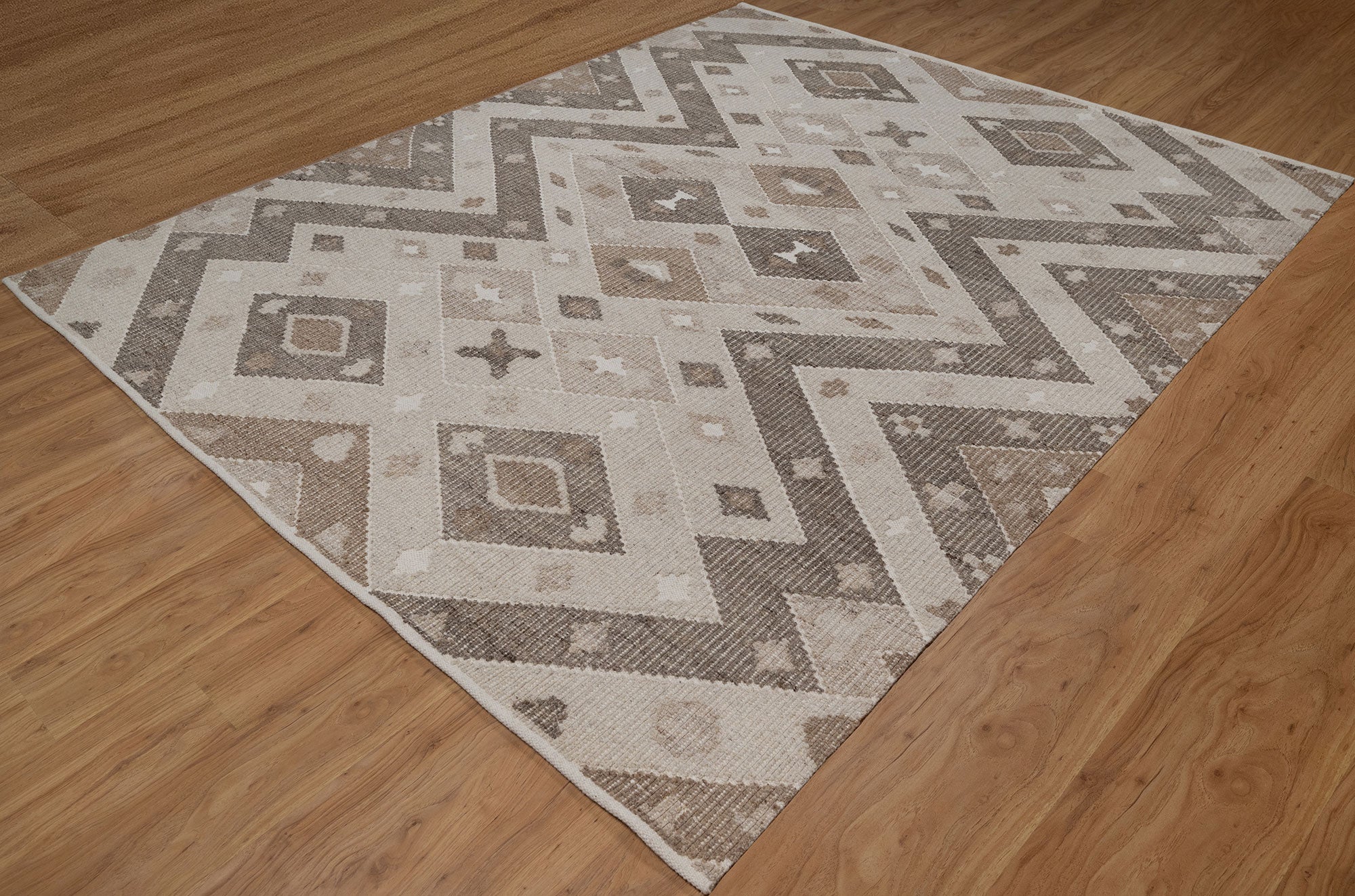 Soft Ground Mica Oat Wool Rug, Hand-Woven Diamond Kilim, Ivory Taupe Tribal Area Rug 8x10 | Custom Size